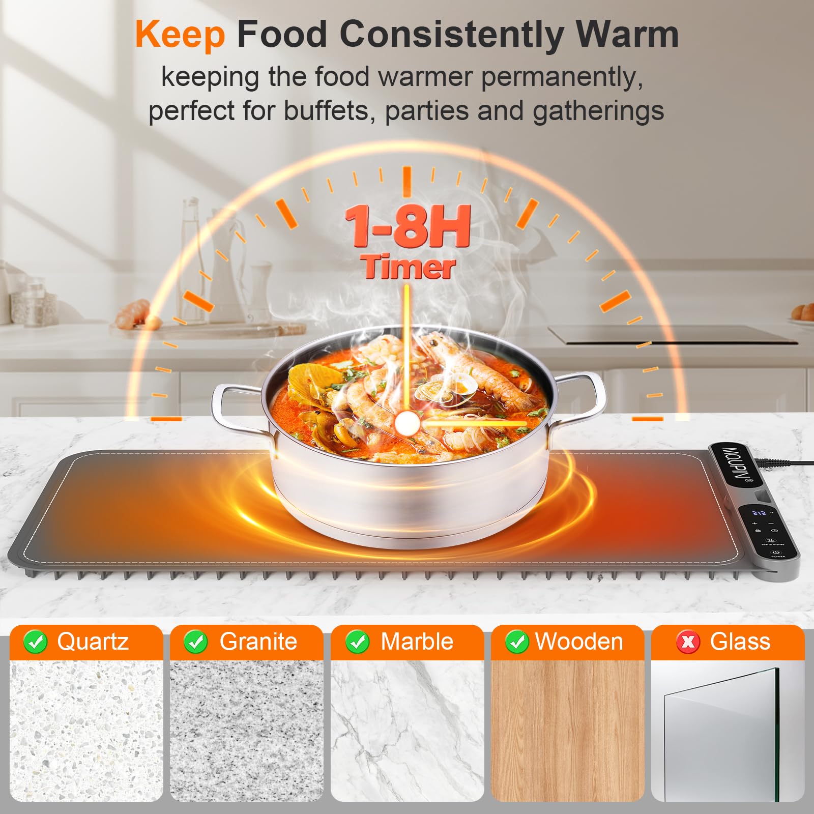 Warming Mat for Food Extra Large, Electric Roll Up Food Warming Mat for Buffet, Warming Tray Mat for Food XL, 47"x15" Portable Heating Pad for Parties, 7 Level Temp 8 Hour Timer, Gifts