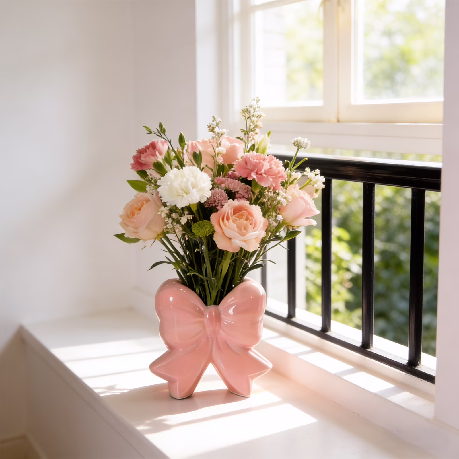 Pink Bow Vase Coquette Ceramic Vase Pen Holder 4.5 x 1.9 x 4.7 in Makeup Brush Holder Contemporary Design Decorative Women Gift for Christmas Home Office Shelf Table Room