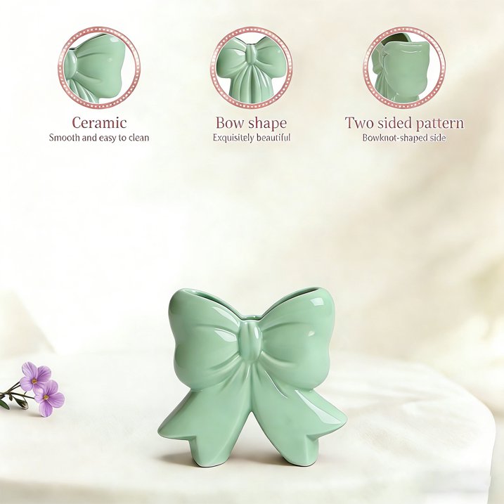 Green Bow Coquette Ceramic Vase - Multifunctional Pen & Makeup Brush Holder, Contemporary Home Office Decor, Perfect Christmas Gift for Women (4.5x1.9x4.7 in)