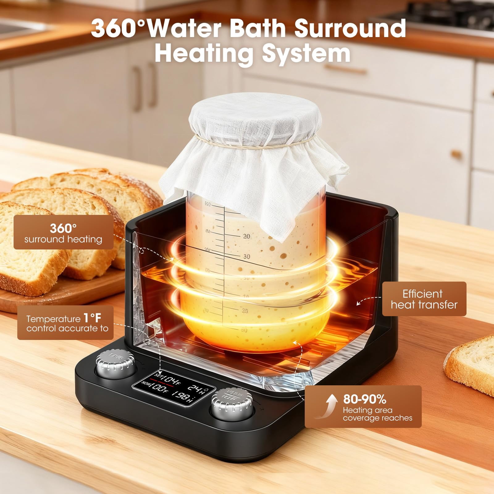 Sourdough Starter Warmer, Water Bath Uniform Warming, Precise 1°F Thermostat (70–104°F), 198H Timer, Fits Jars Up to 50oz, Sourdough Heater for Sourdough Home Baking & Consistent Fermentation