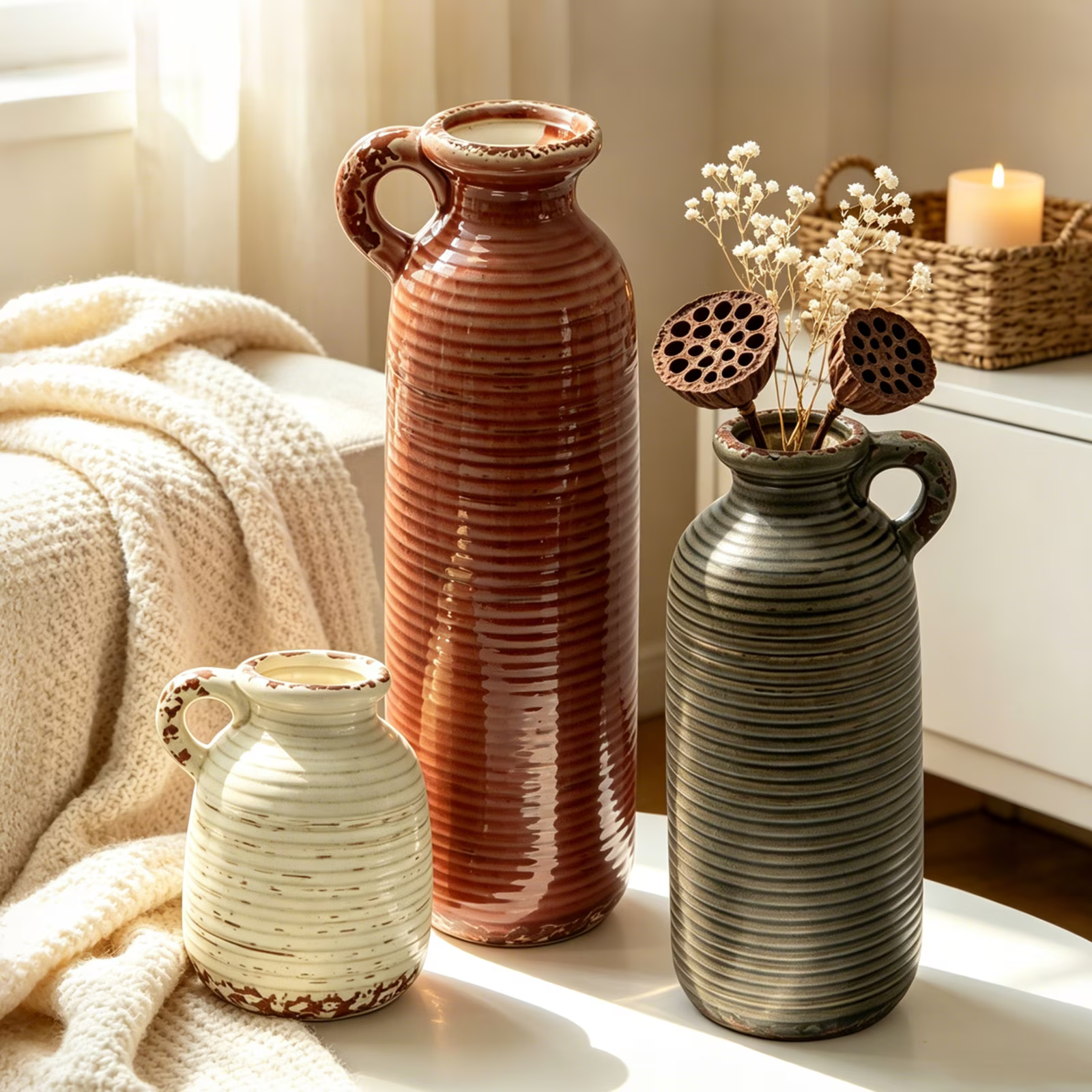 Set of 3 Neutral Ceramic Vases with Handle, Rustic Farmhouse Boho Decorative Vases for Pampas Grass, Table, Mantel, Living Room, Kitchen, Bathroom