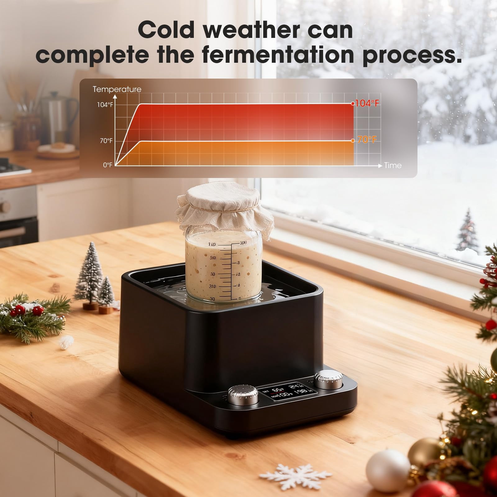 Sourdough Starter Warmer, Water Bath Uniform Warming, Precise 1°F Thermostat (70–104°F), 198H Timer, Fits Jars Up to 50oz, Sourdough Heater for Sourdough Home Baking & Consistent Fermentation