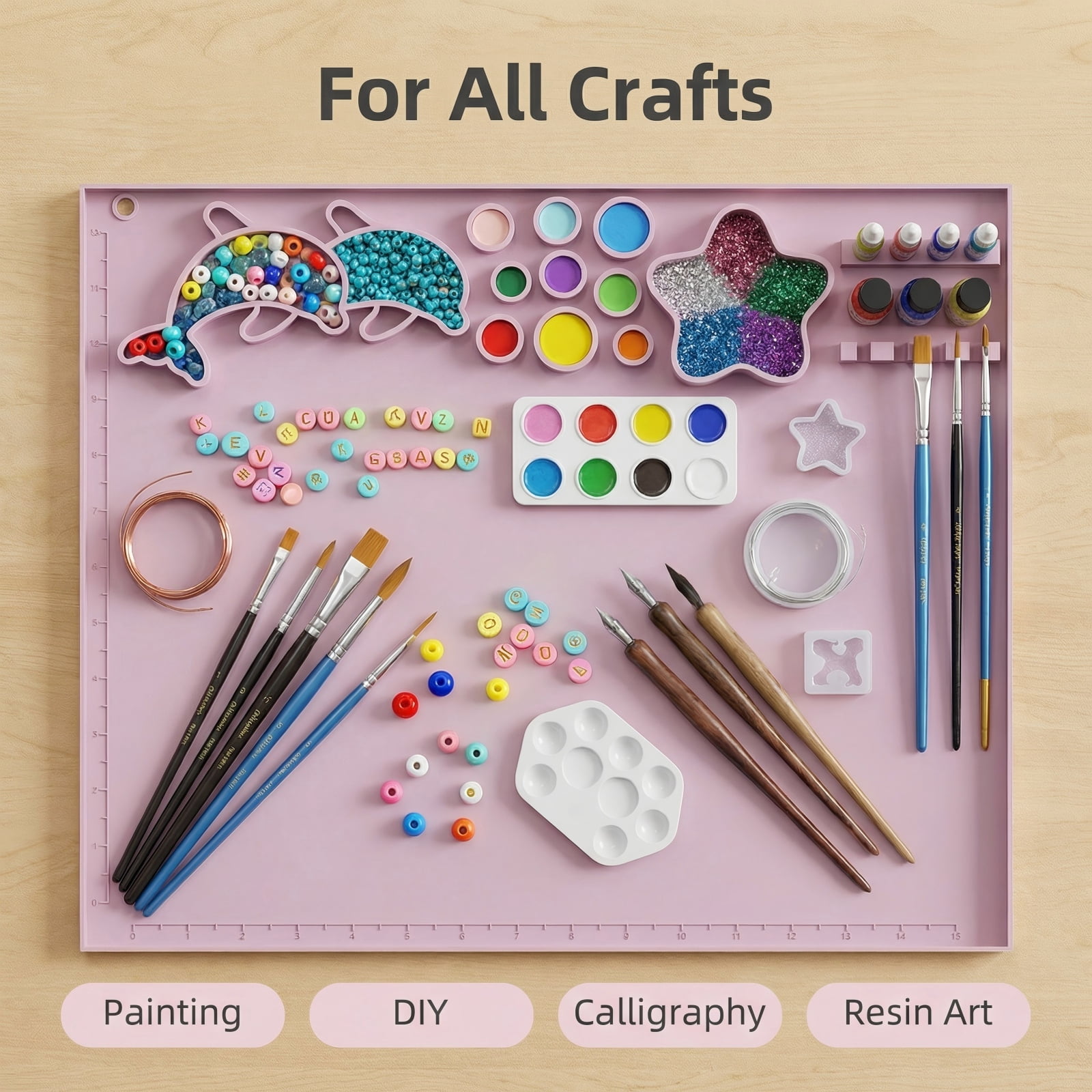 Pink Silicone Art Mat Set, Reusable Art Mat, Includes 10 Paintbrushes and Brush Cleaner, Children's DIY Art Supplies