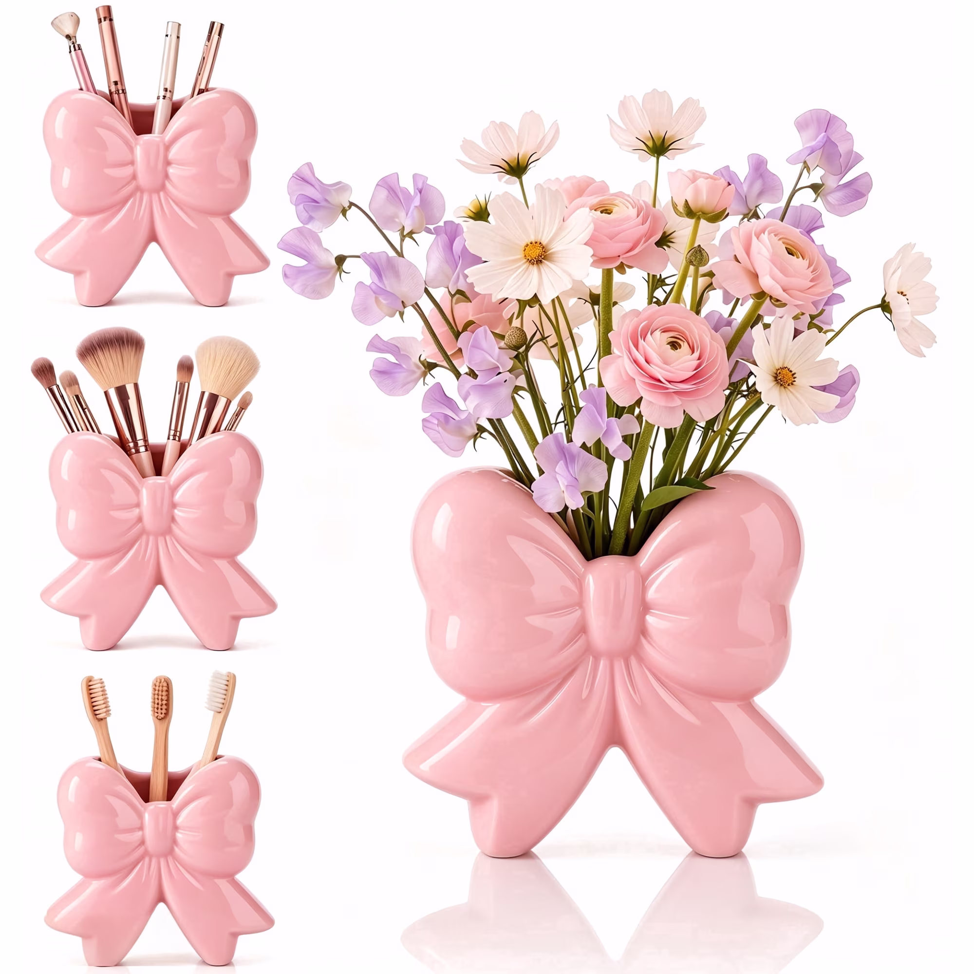 Pink Bow Vase Coquette Ceramic Vase Pen Holder 4.5 x 1.9 x 4.7 in Makeup Brush Holder Contemporary Design Decorative Women Gift for Christmas Home Office Shelf Table Room