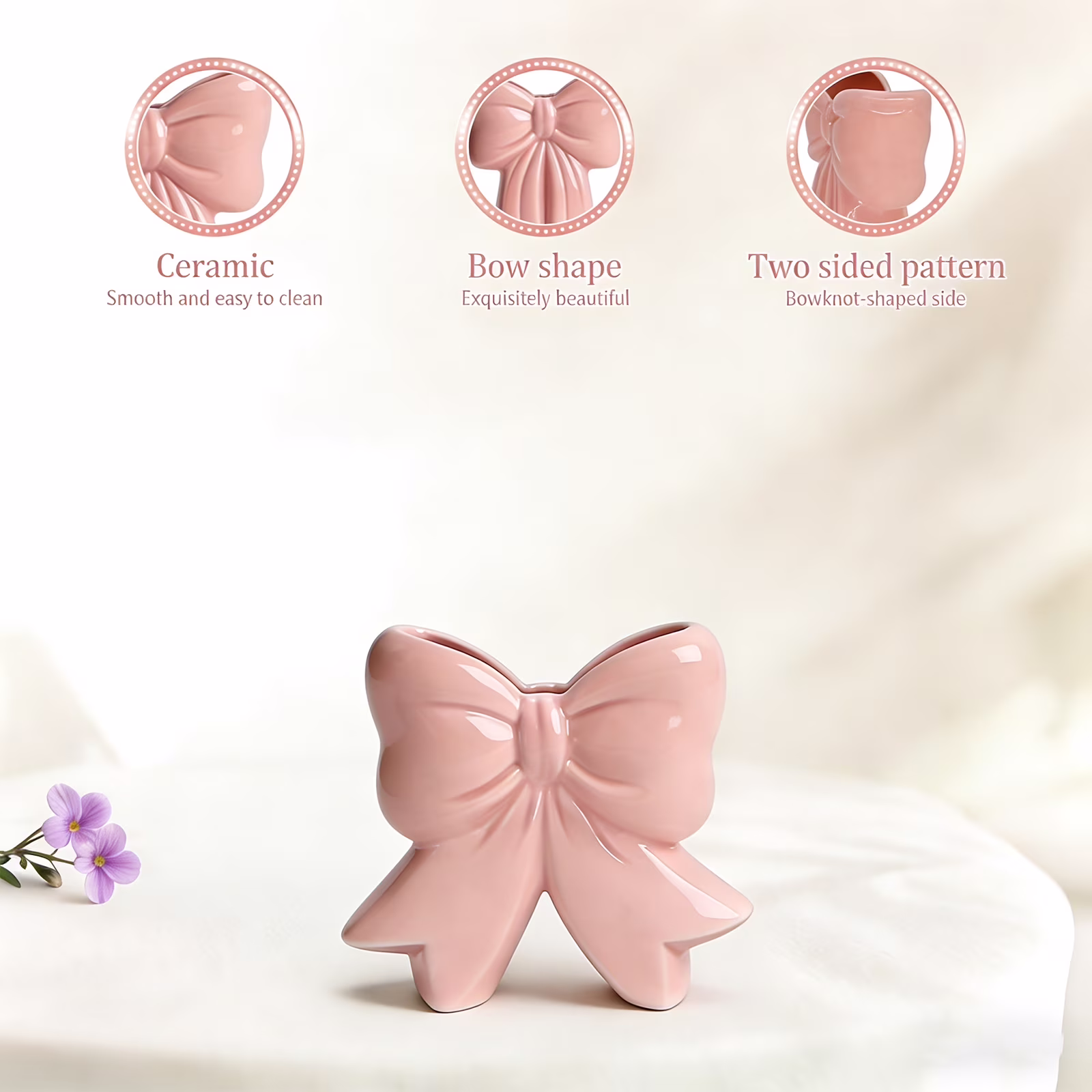 Pink Bow Vase Coquette Ceramic Vase Pen Holder 4.5 x 1.9 x 4.7 in Makeup Brush Holder Contemporary Design Decorative Women Gift for Christmas Home Office Shelf Table Room