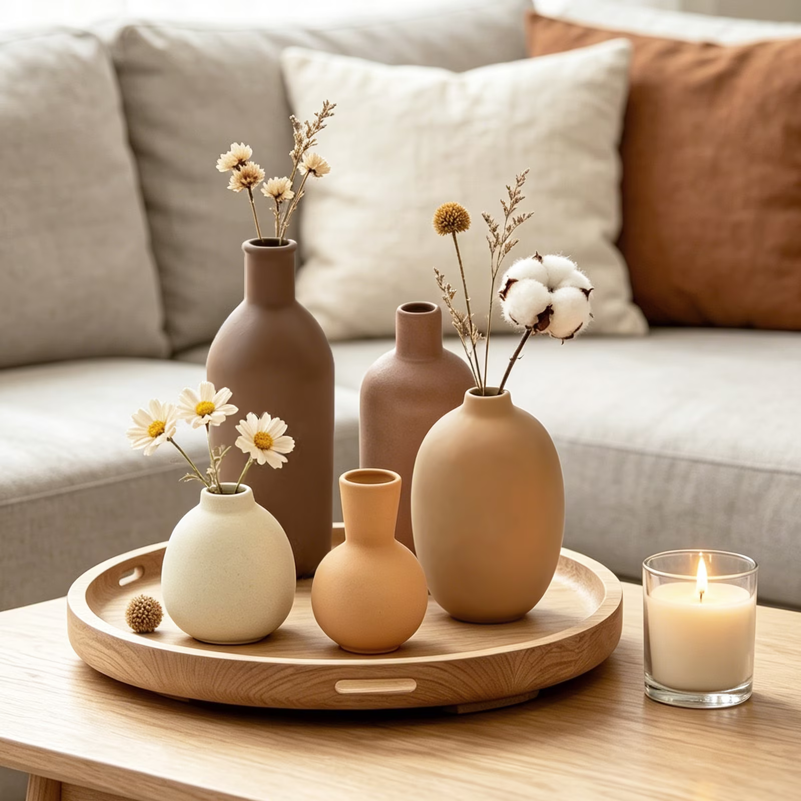 Ceramic Vase Set of 5, Vases Home Decor Rustic Farmhouse Decorative Vase Pottery Vases for Bouquet Pampas Grass Dried Fresh Flowers, Table Living Room Kitchen Bedroom Bathroom - Brown
