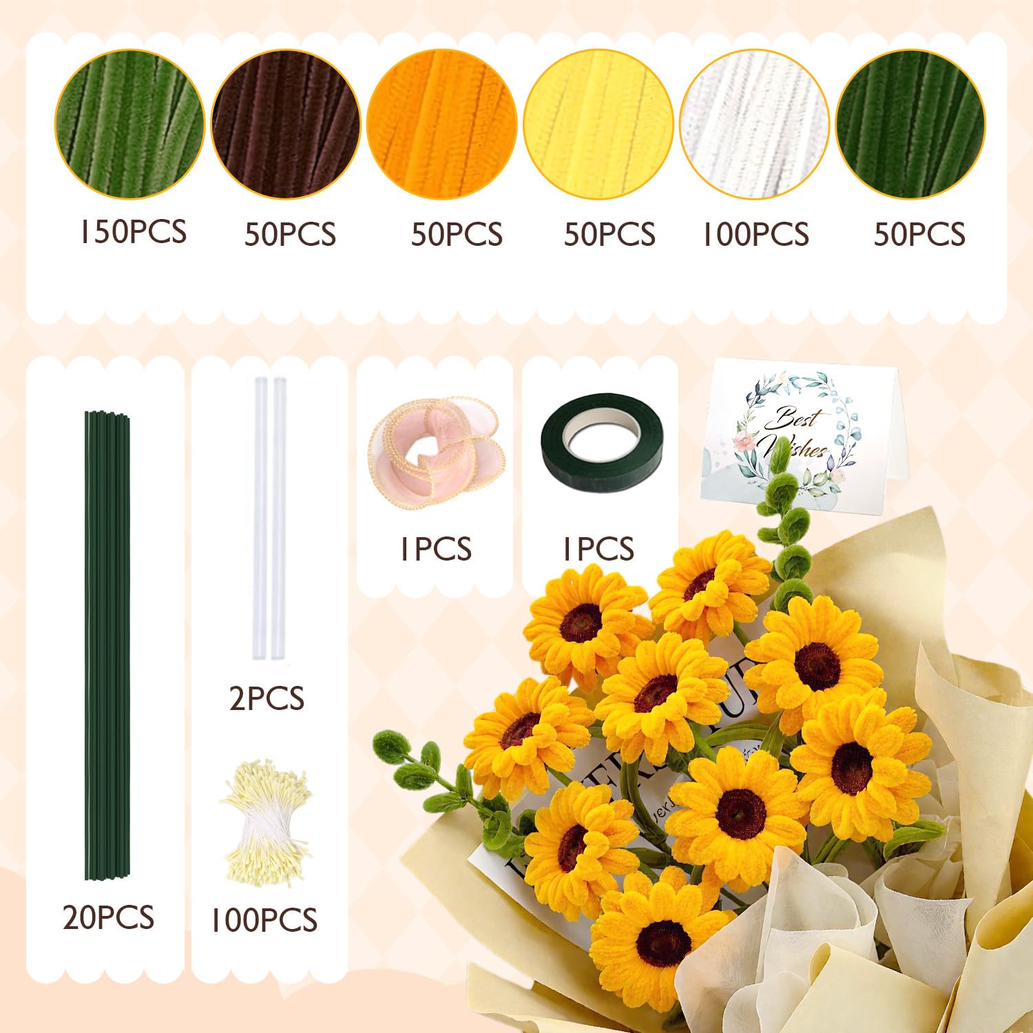 MQUPIN 450 Pcs Pipe Cleaners,12 Inch 6 Colors Craft Pipe Cleaners for DIY Tulip Lily Rose Sunflower Flowers, Thick Fluffy Art Craft Supplies