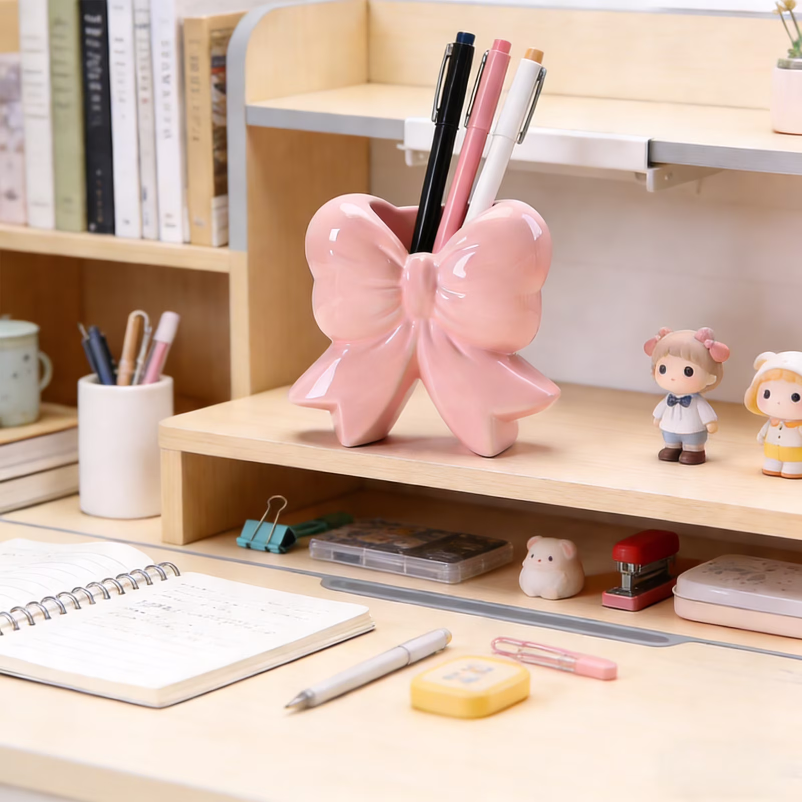 Pink Bow Vase Coquette Ceramic Vase Pen Holder 4.5 x 1.9 x 4.7 in Makeup Brush Holder Contemporary Design Decorative Women Gift for Christmas Home Office Shelf Table Room