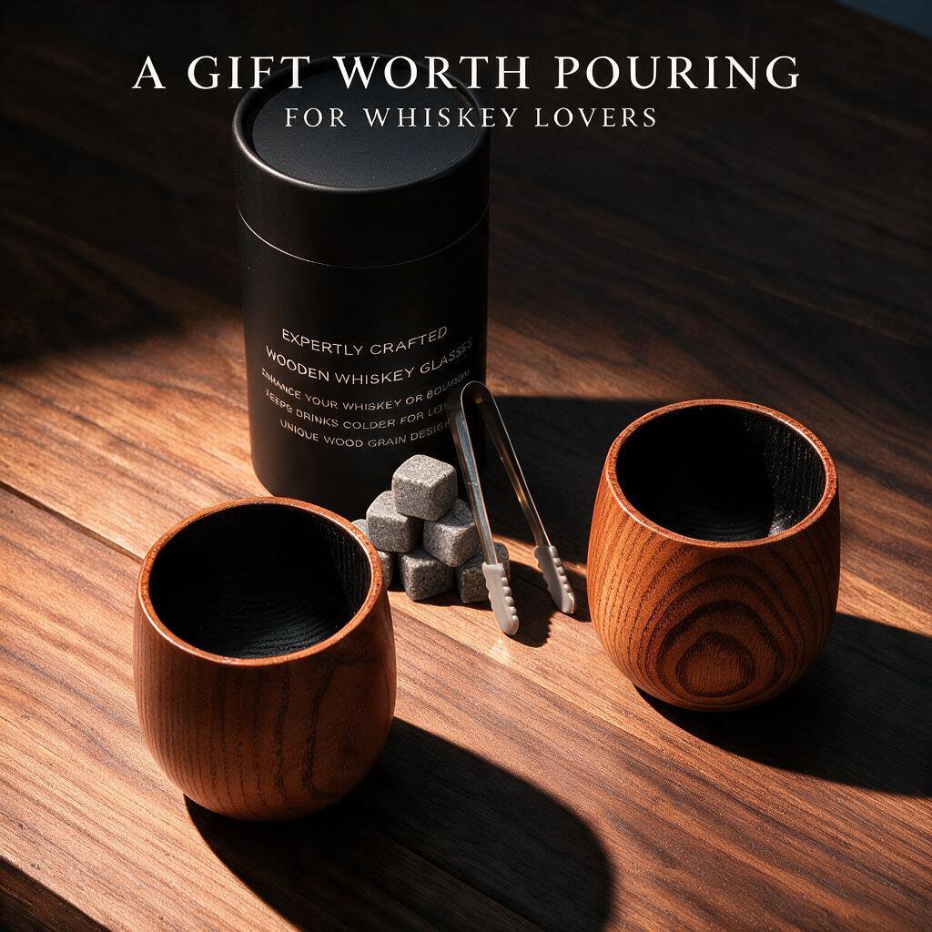 MQUPIN 10oz 2 Pack Wooden Whiskey Glass Gift Set, Carbonized Wood with 6 Granite Whiskey Stones for Men Dad Groomsmen Father's Day Birthday Gifts