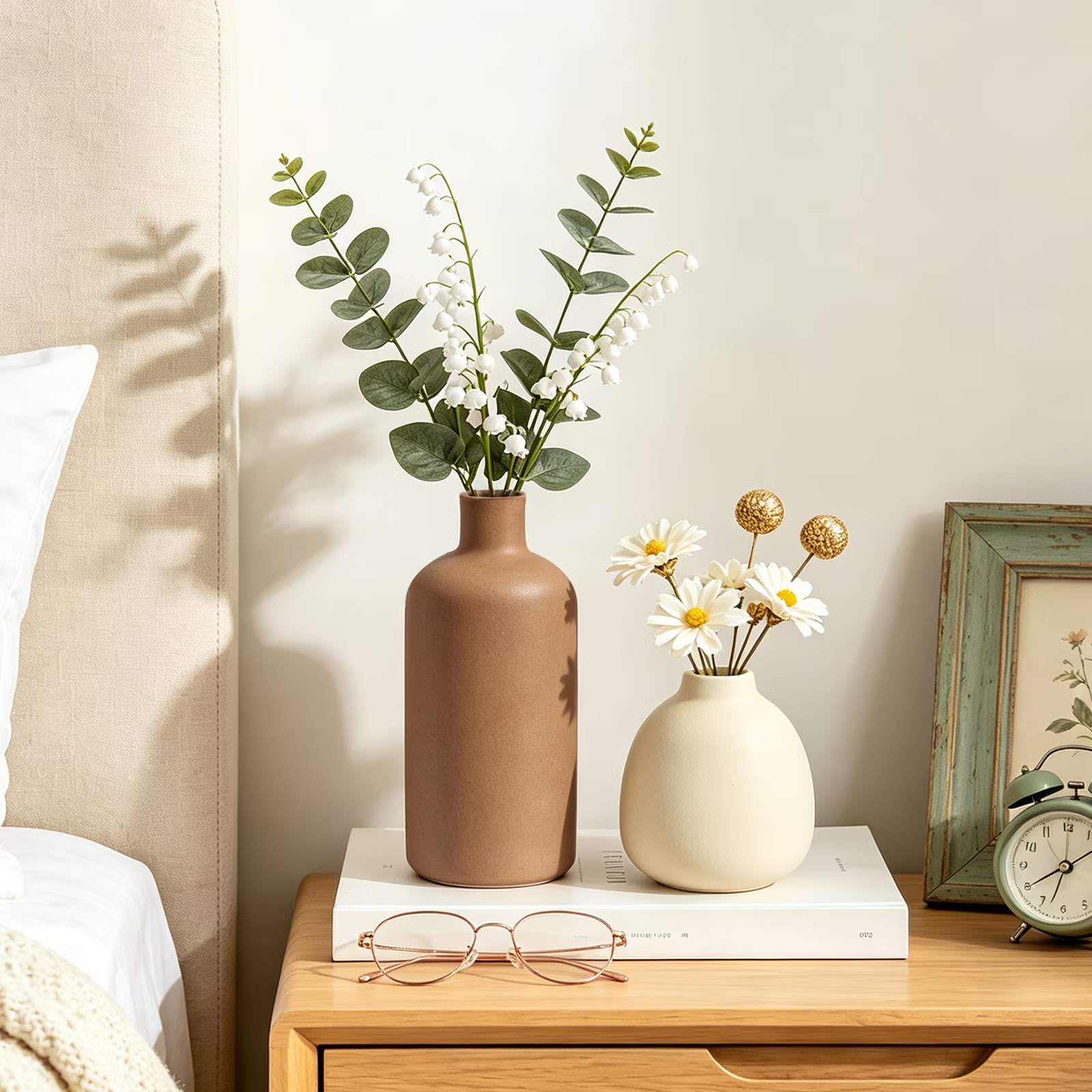 Ceramic Vase Set of 5, Vases Home Decor Rustic Farmhouse Decorative Vase Pottery Vases for Bouquet Pampas Grass Dried Fresh Flowers, Table Living Room Kitchen Bedroom Bathroom - Brown
