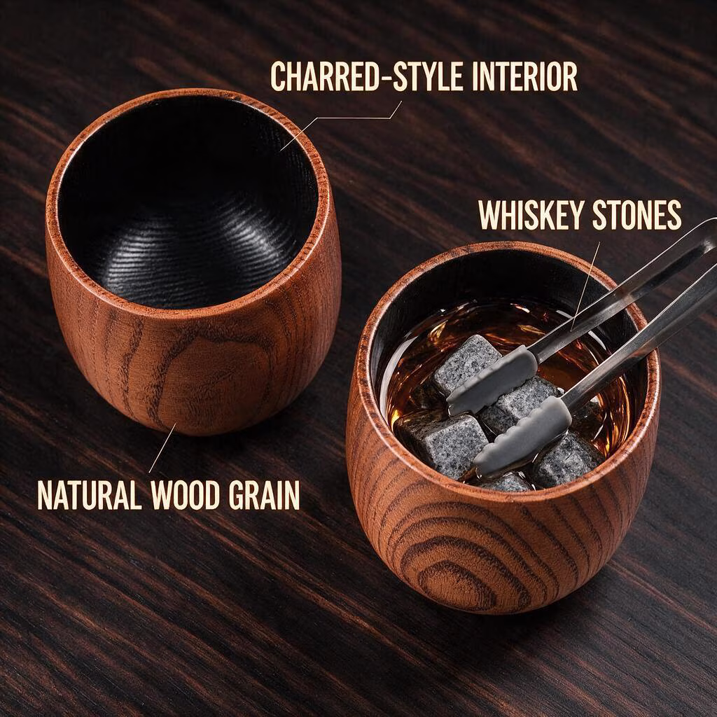 MQUPIN 10oz 2 Pack Wooden Whiskey Glass Gift Set, Carbonized Wood with 6 Granite Whiskey Stones for Men Dad Groomsmen Father's Day Birthday Gifts