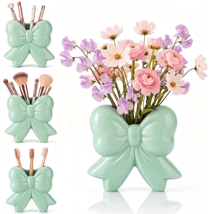 Green Bow Coquette Ceramic Vase - Multifunctional Pen & Makeup Brush Holder, Contemporary Home Office Decor, Perfect Christmas Gift for Women (4.5x1.9x4.7 in)