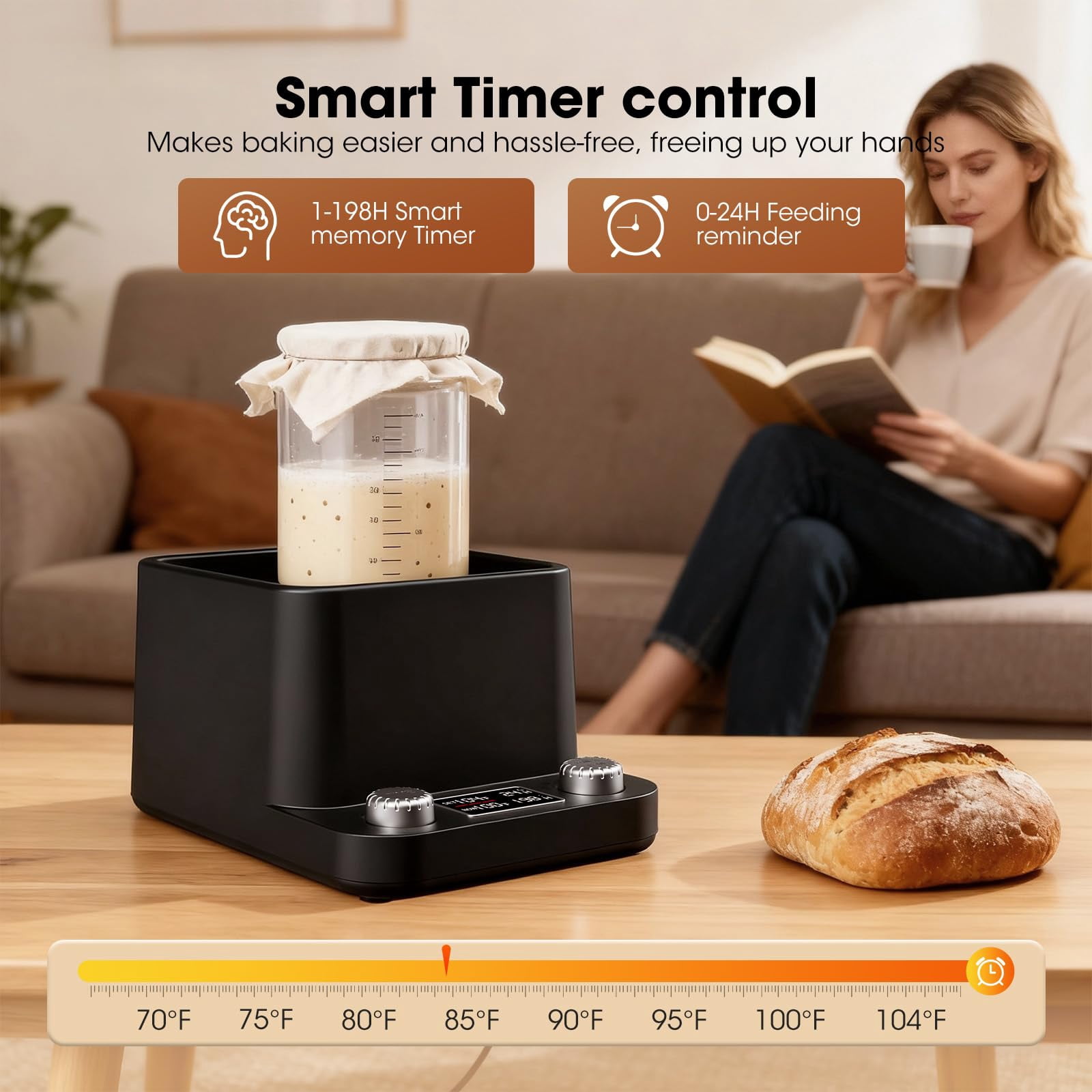 Sourdough Starter Warmer, Water Bath Uniform Warming, Precise 1°F Thermostat (70–104°F), 198H Timer, Fits Jars Up to 50oz, Sourdough Heater for Sourdough Home Baking & Consistent Fermentation