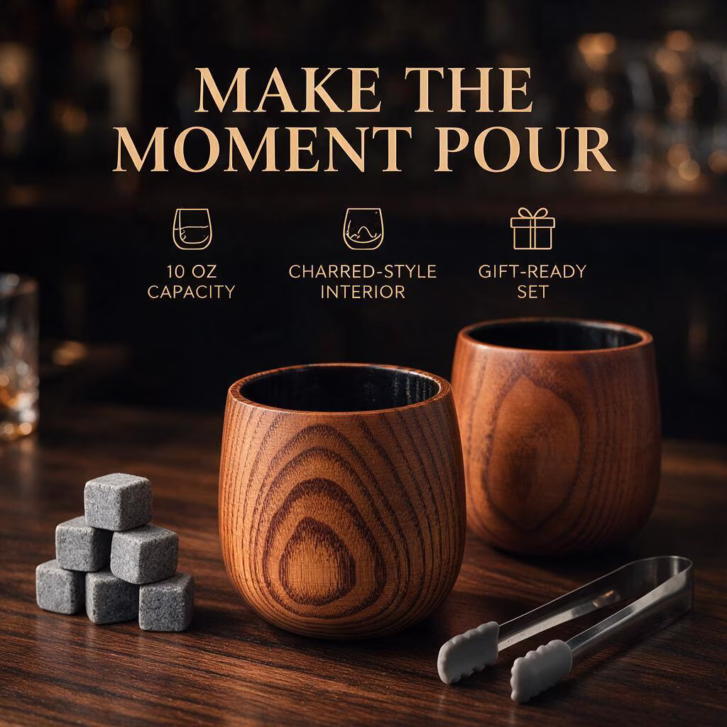 MQUPIN 10oz 2 Pack Wooden Whiskey Glass Gift Set, Carbonized Wood with 6 Granite Whiskey Stones for Men Dad Groomsmen Father's Day Birthday Gifts