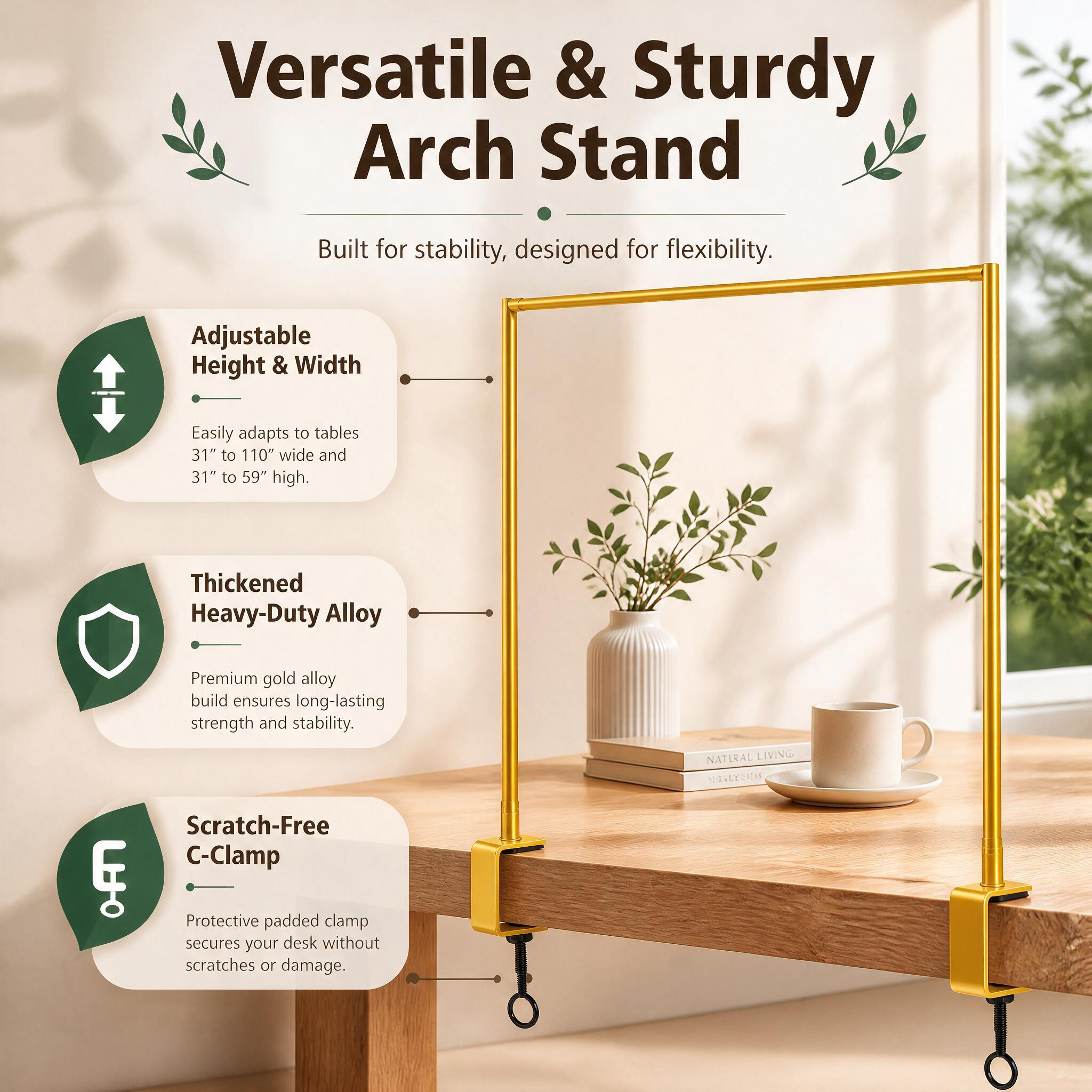 MQUPIN Over The Table Rod Stand with Clamps Adjustable 13''-47'' Tall 29\"-98\" Length Gold Table Arch Hanging for Wedding Birthday Party Halloween Christmas