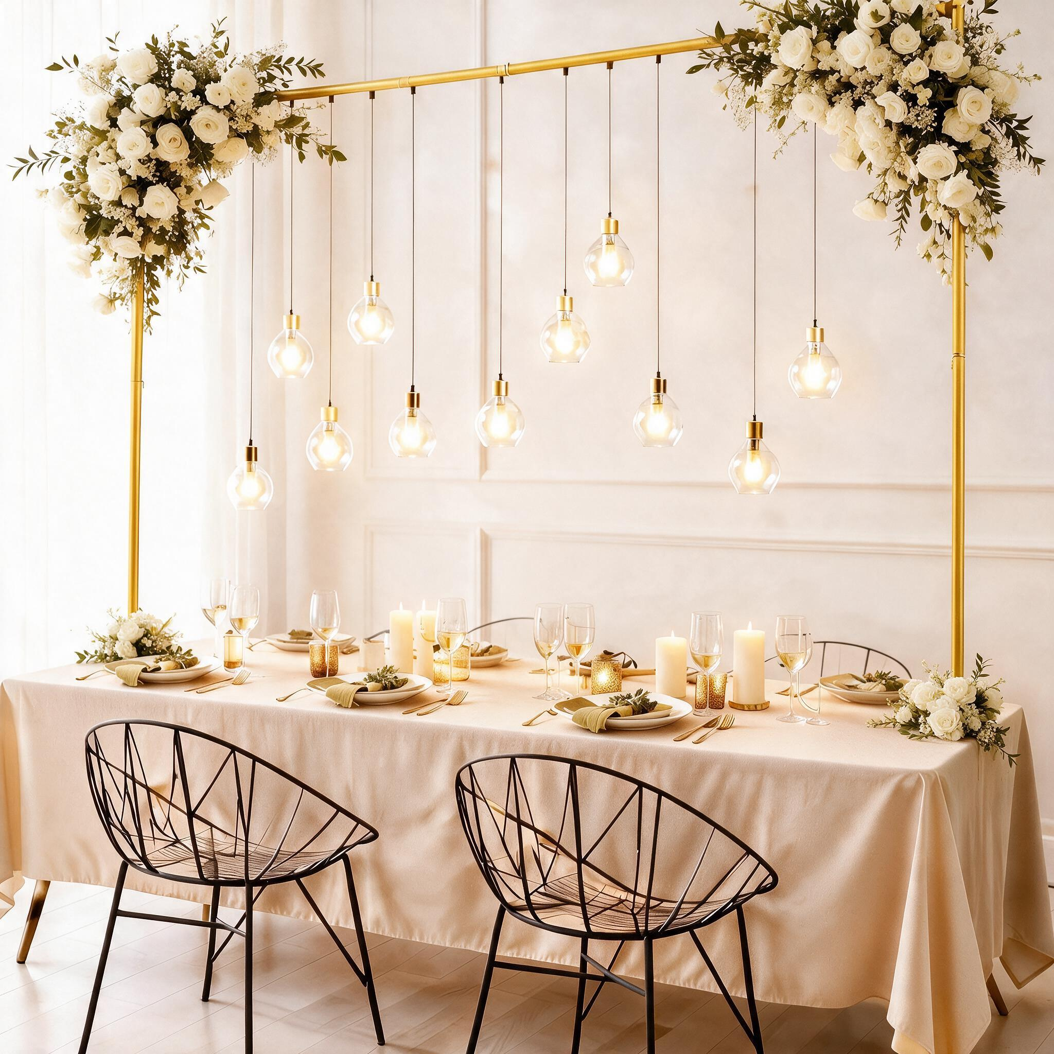 MQUPIN Over The Table Rod Stand with Clamps Adjustable 13''-47'' Tall 29\"-98\" Length Gold Table Arch Hanging for Wedding Birthday Party Halloween Christmas