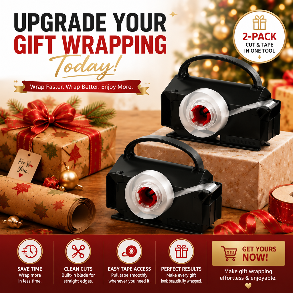🎁 2-in-1 Wrapping Paper Cutter & Tape Dispenser – Faster Gift Wrapping Tool