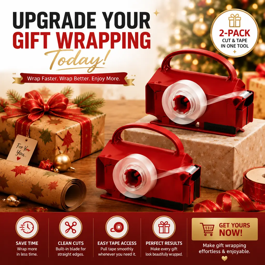 🎁 2-in-1 Wrapping Paper Cutter & Tape Dispenser – Faster Gift Wrapping Tool
