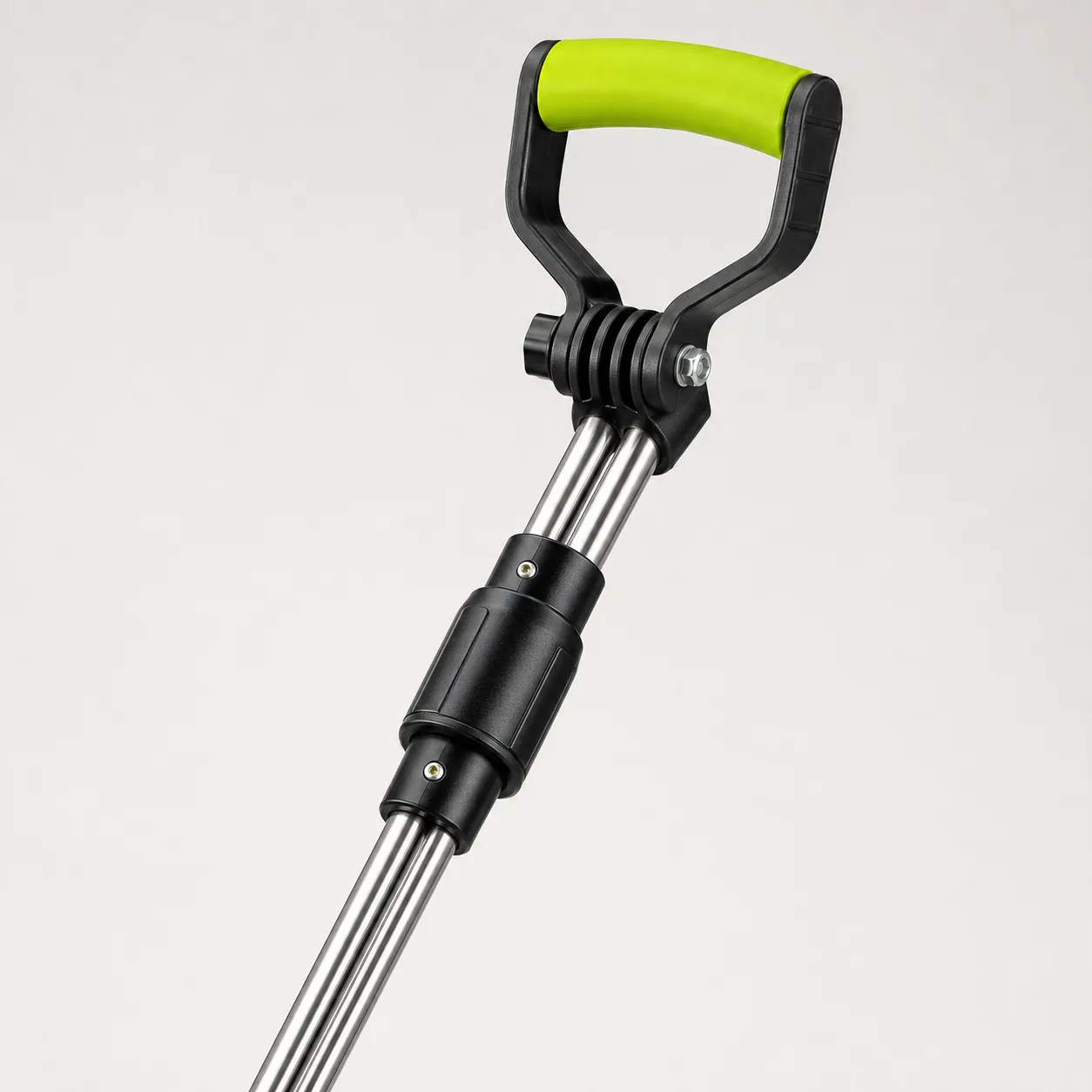 Close view of twin shaft tubes, locking collars and handle adjustment points