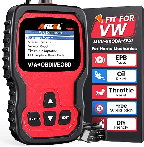 OBD2 diagnostic tool compatible with Volkswagen, Audi, Škoda, and SEAT models; supports reading and clearing fault codes.