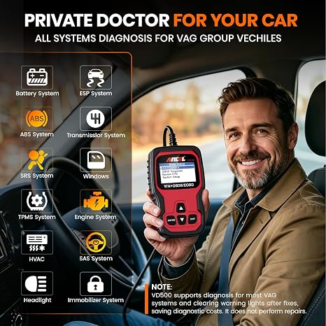OBD2 diagnostic tool compatible with Volkswagen, Audi, Škoda, and SEAT models; supports reading and clearing fault codes.