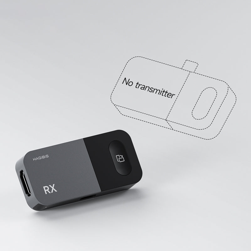 Black electronic device labeled 'RX' on a light gray background