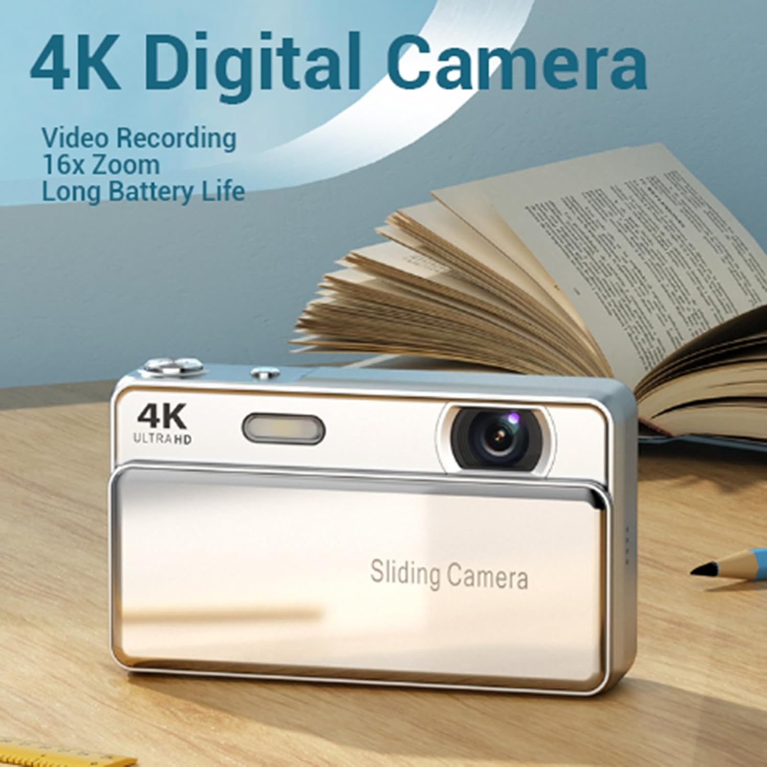 Digital camera, 64MP high-definition autofocus 4K retro sliding-cover camera.
