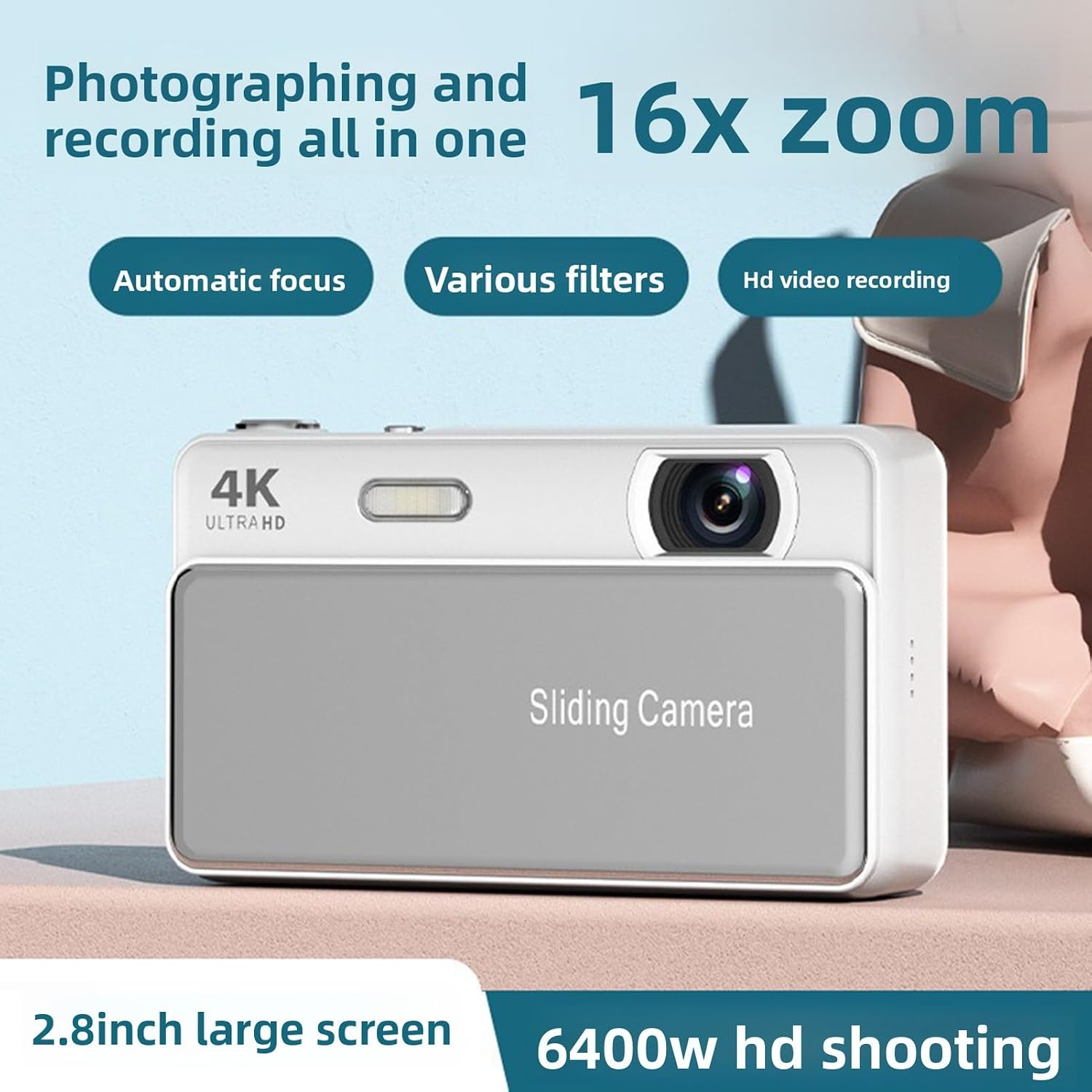 Digital camera, 64MP high-definition autofocus 4K retro sliding-cover camera.