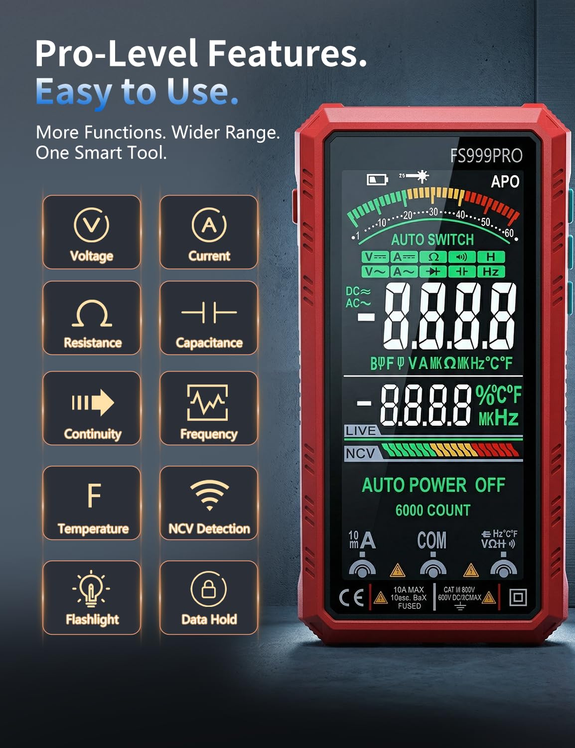 Digital Multimeter, Smart Auto-Ranging Electrician Tester, 6000-Count True RMS
