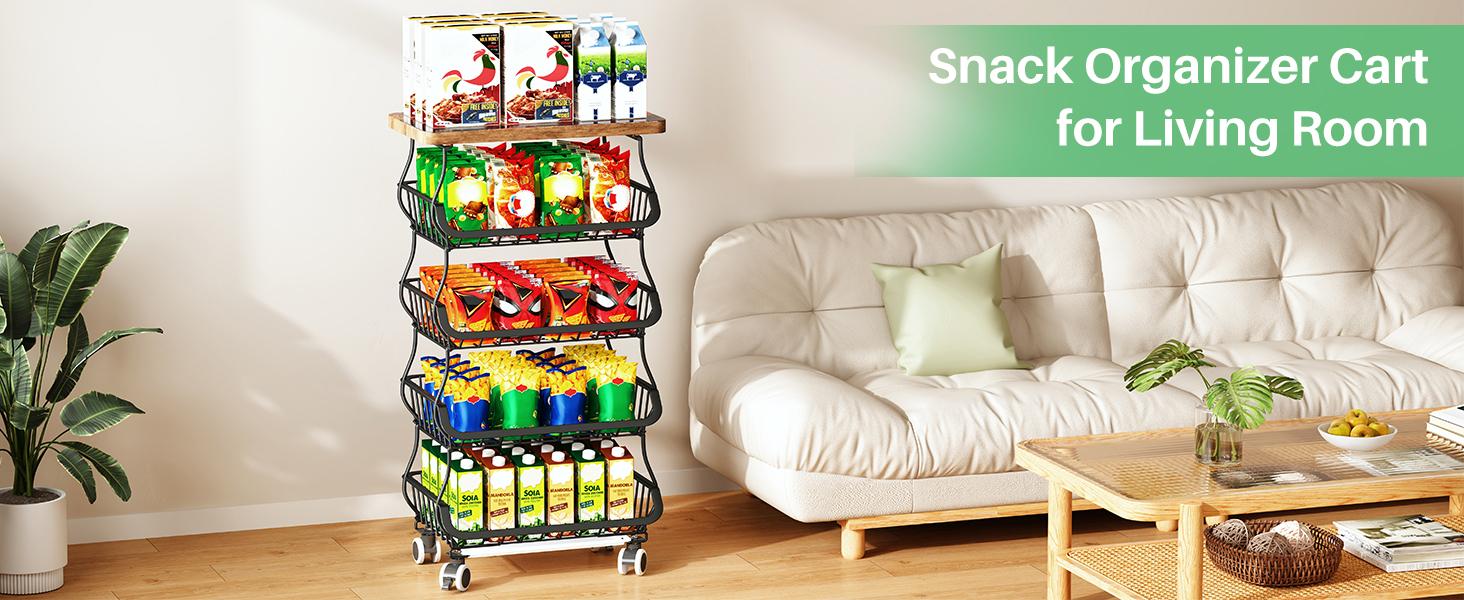 4/5/6 Tier Fruit Vegetable Basket for Kitchen with Wooden Tabletop, Storage Cart Vegetable Basket Bins for Onions and Potatoes, Wire Storage Basket Organizer Utility Cart with Wheels, Black Organizing Home Interior Layer Rack
