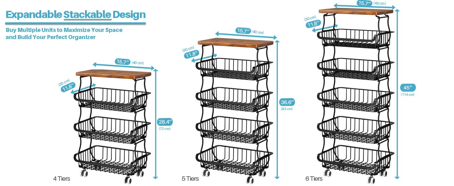4/5/6 Tier Fruit Vegetable Basket for Kitchen with Wooden Tabletop, Storage Cart Vegetable Basket Bins for Onions and Potatoes, Wire Storage Basket Organizer Utility Cart with Wheels, Black Organizing Home Interior Layer Rack