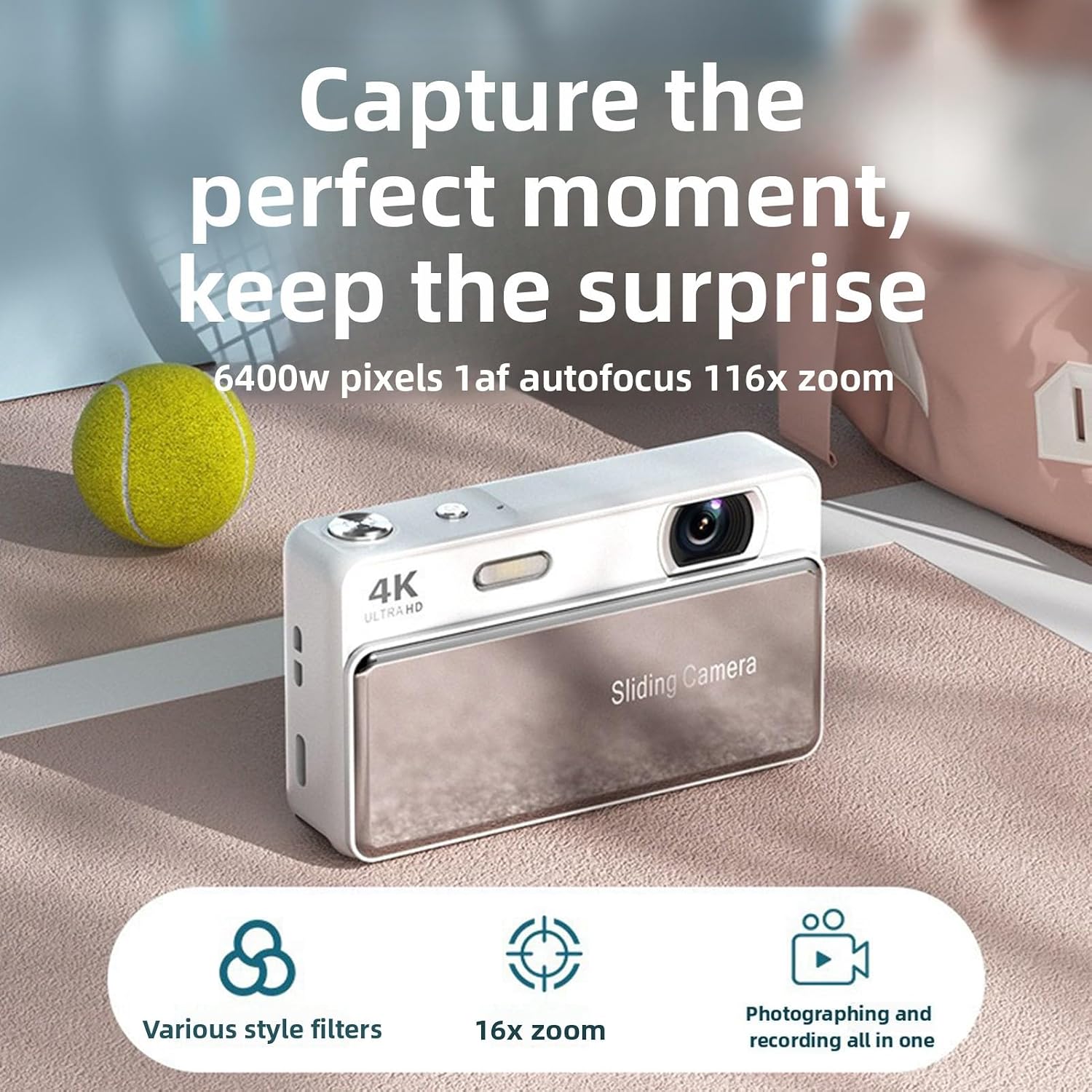 Digital camera, 64MP high-definition autofocus 4K retro sliding-cover camera.