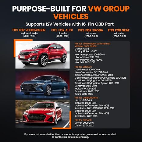 OBD2 diagnostic tool compatible with Volkswagen, Audi, Škoda, and SEAT models; supports reading and clearing fault codes.