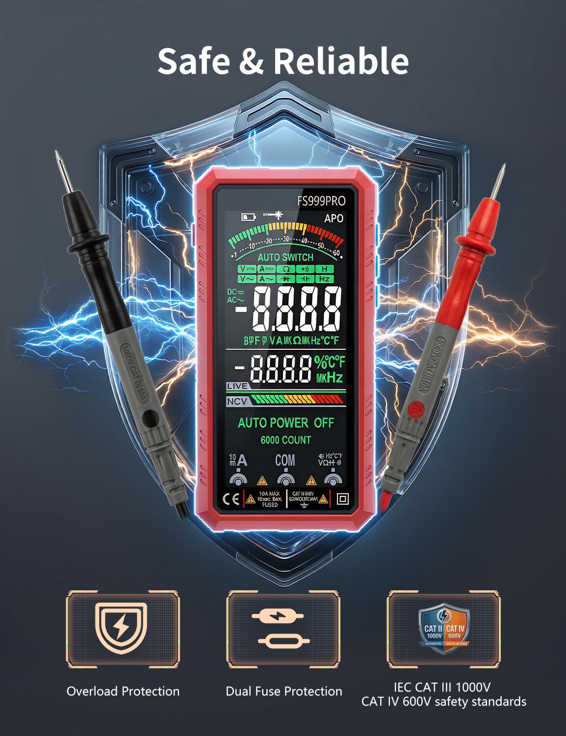 Digital Multimeter, Smart Auto-Ranging Electrician Tester, 6000-Count True RMS