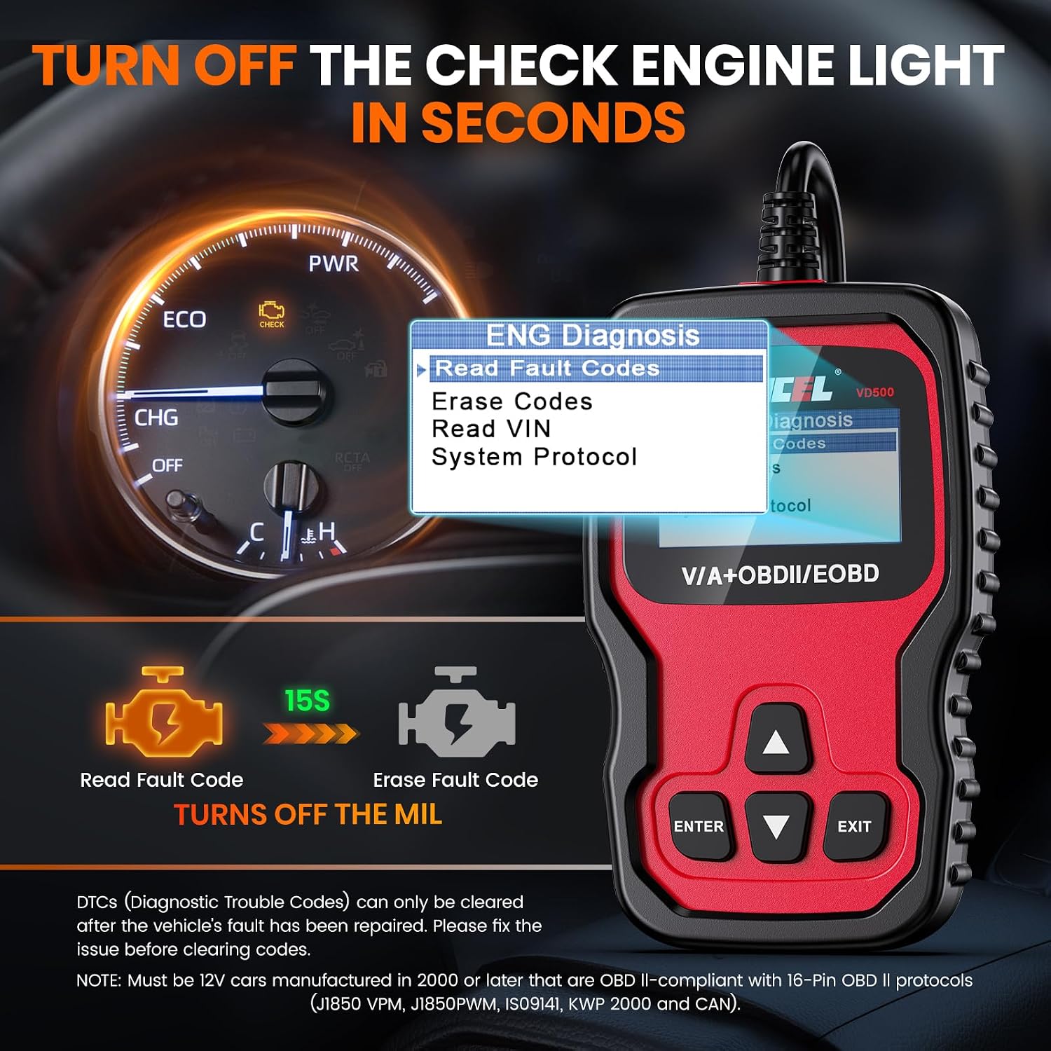 OBD2 diagnostic tool compatible with Volkswagen, Audi, Škoda, and SEAT models; supports reading and clearing fault codes.