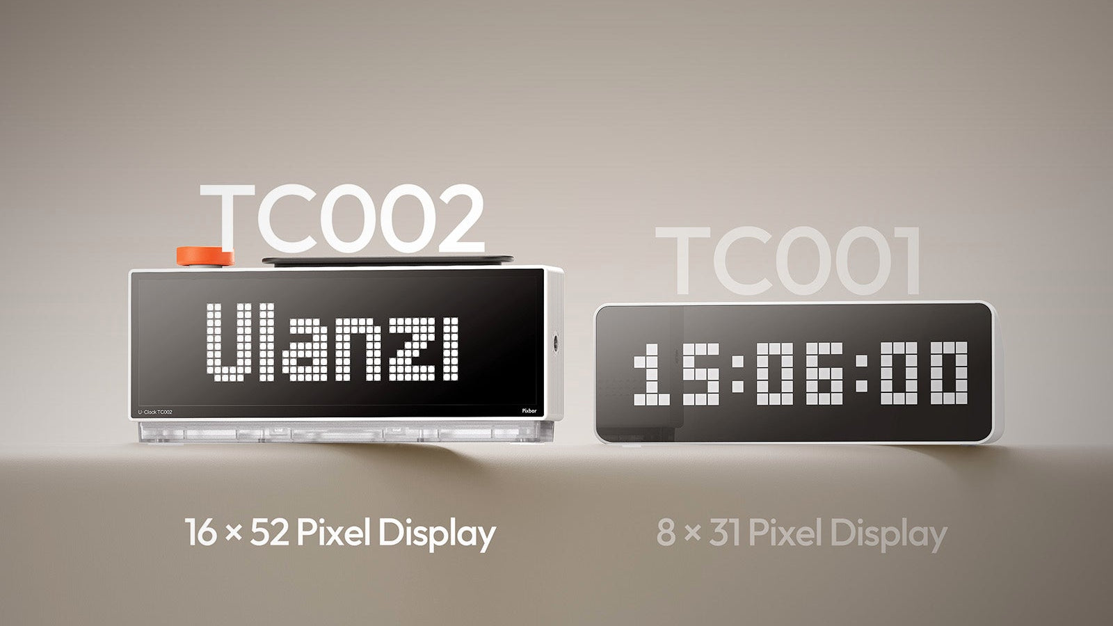 Two Ulanzi Pixbar smart pixel clocks sitting side by side displaying pixel text and digital time for a visual comparison.