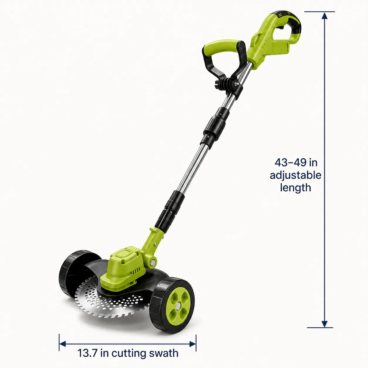 Unbranded trimmer profile showing 43 to 49 inch adjustable length and 13.7 inch cutting swath