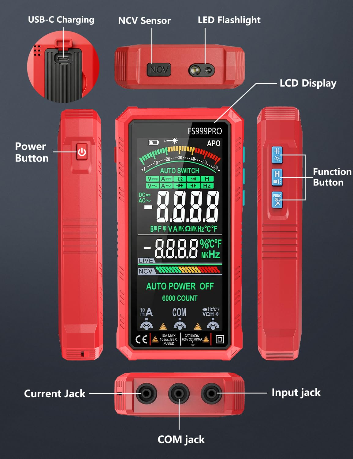 Digital Multimeter, Smart Auto-Ranging Electrician Tester, 6000-Count True RMS