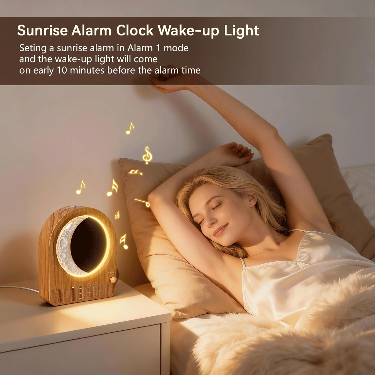 Sunrise Alarm Clocks for Bedrooms, Stepless Dimmable Moon Lamp Dual Alarm Clock with 12Levels Volume for Heavy Sleepers, 10 Natural Sounds with 30/60/90mins Timer, Gifts for Women