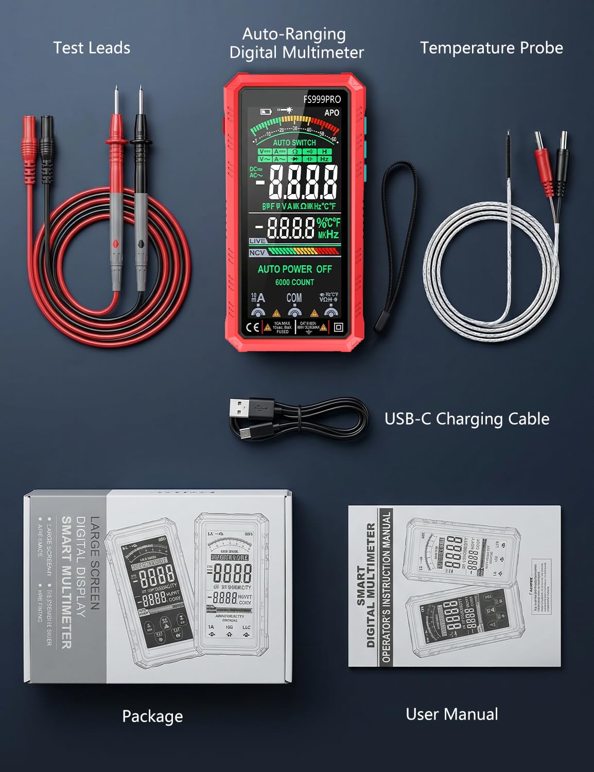Digital Multimeter, Smart Auto-Ranging Electrician Tester, 6000-Count True RMS