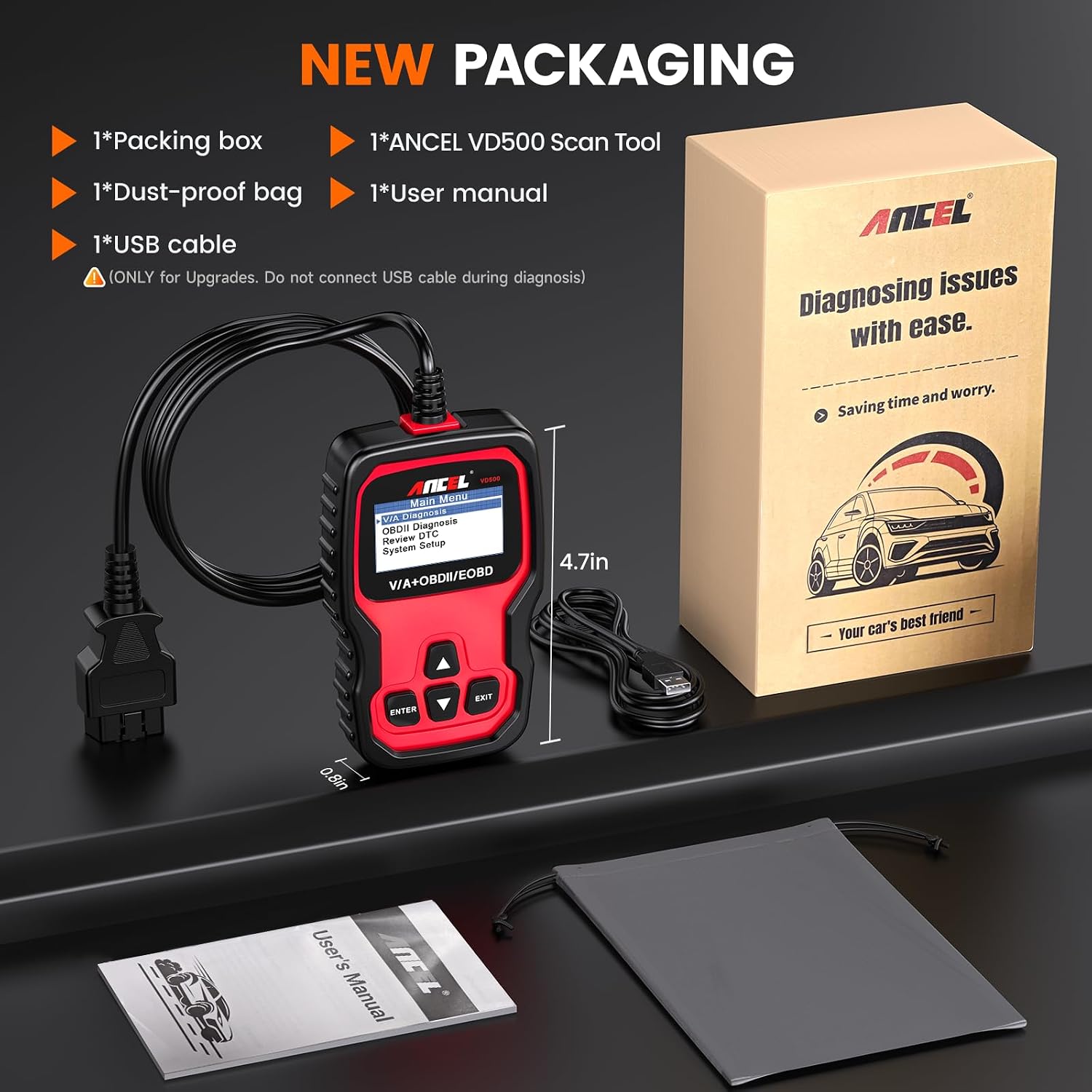 OBD2 diagnostic tool compatible with Volkswagen, Audi, Škoda, and SEAT models; supports reading and clearing fault codes.