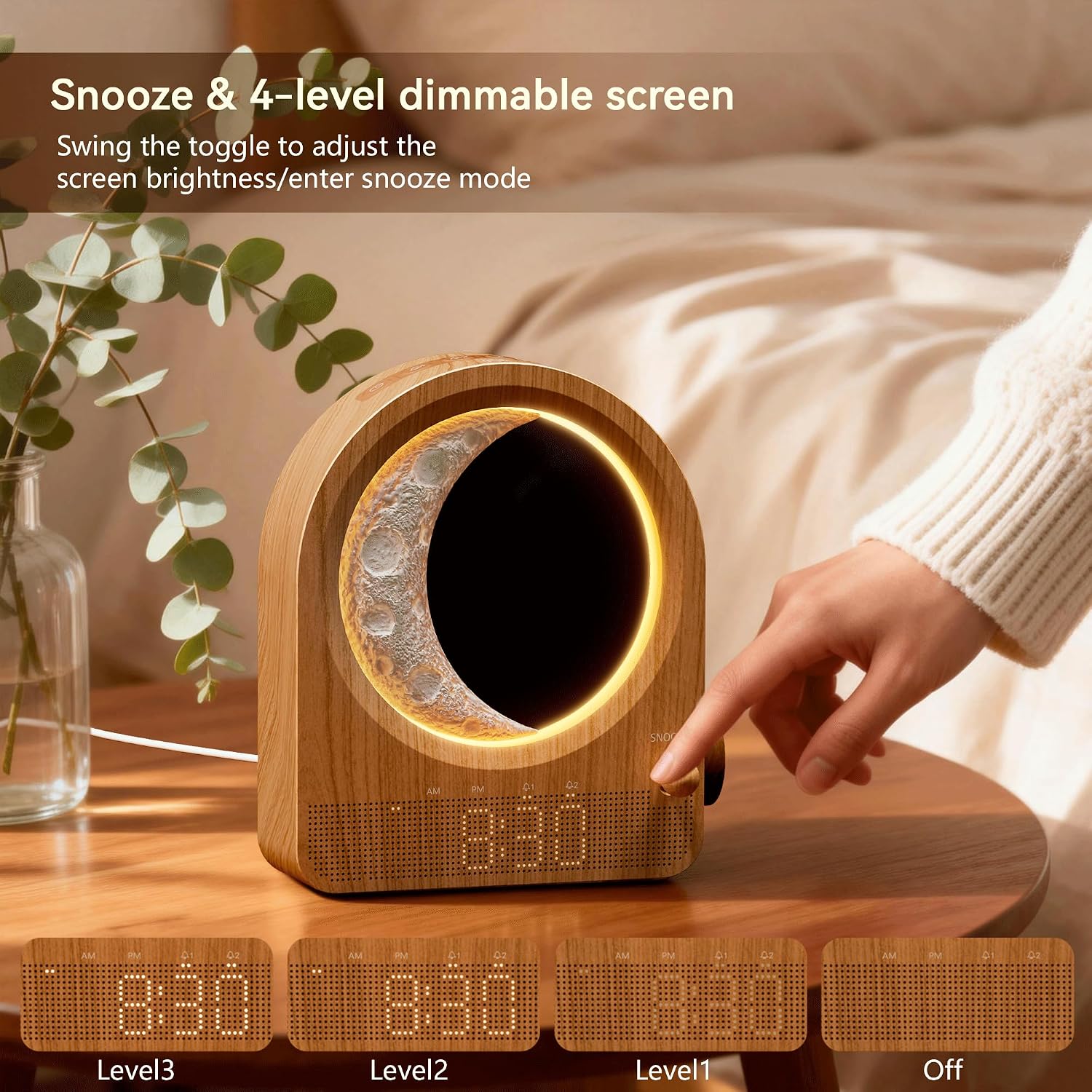 Sunrise Alarm Clocks for Bedrooms, Stepless Dimmable Moon Lamp Dual Alarm Clock with 12Levels Volume for Heavy Sleepers, 10 Natural Sounds with 30/60/90mins Timer, Gifts for Women