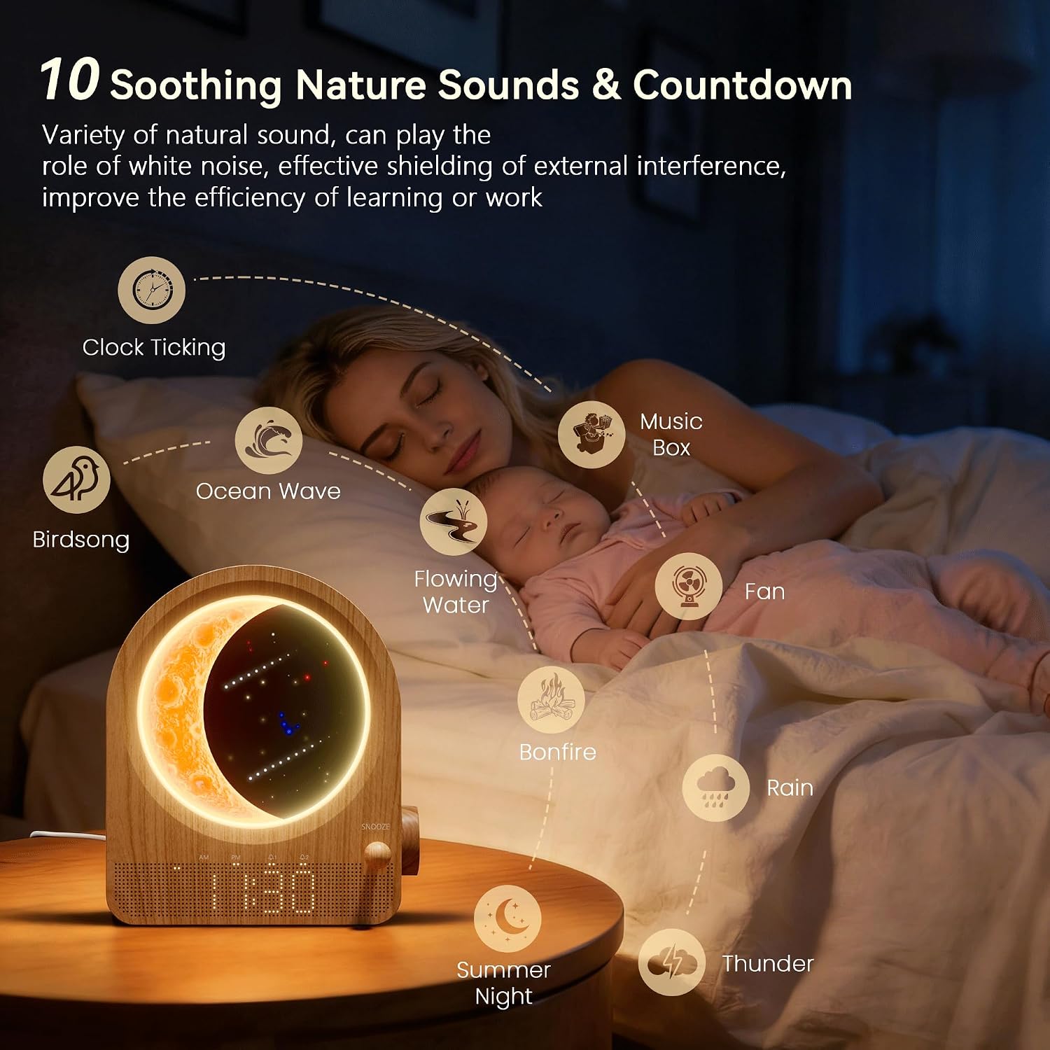 Sunrise Alarm Clocks for Bedrooms, Stepless Dimmable Moon Lamp Dual Alarm Clock with 12Levels Volume for Heavy Sleepers, 10 Natural Sounds with 30/60/90mins Timer, Gifts for Women