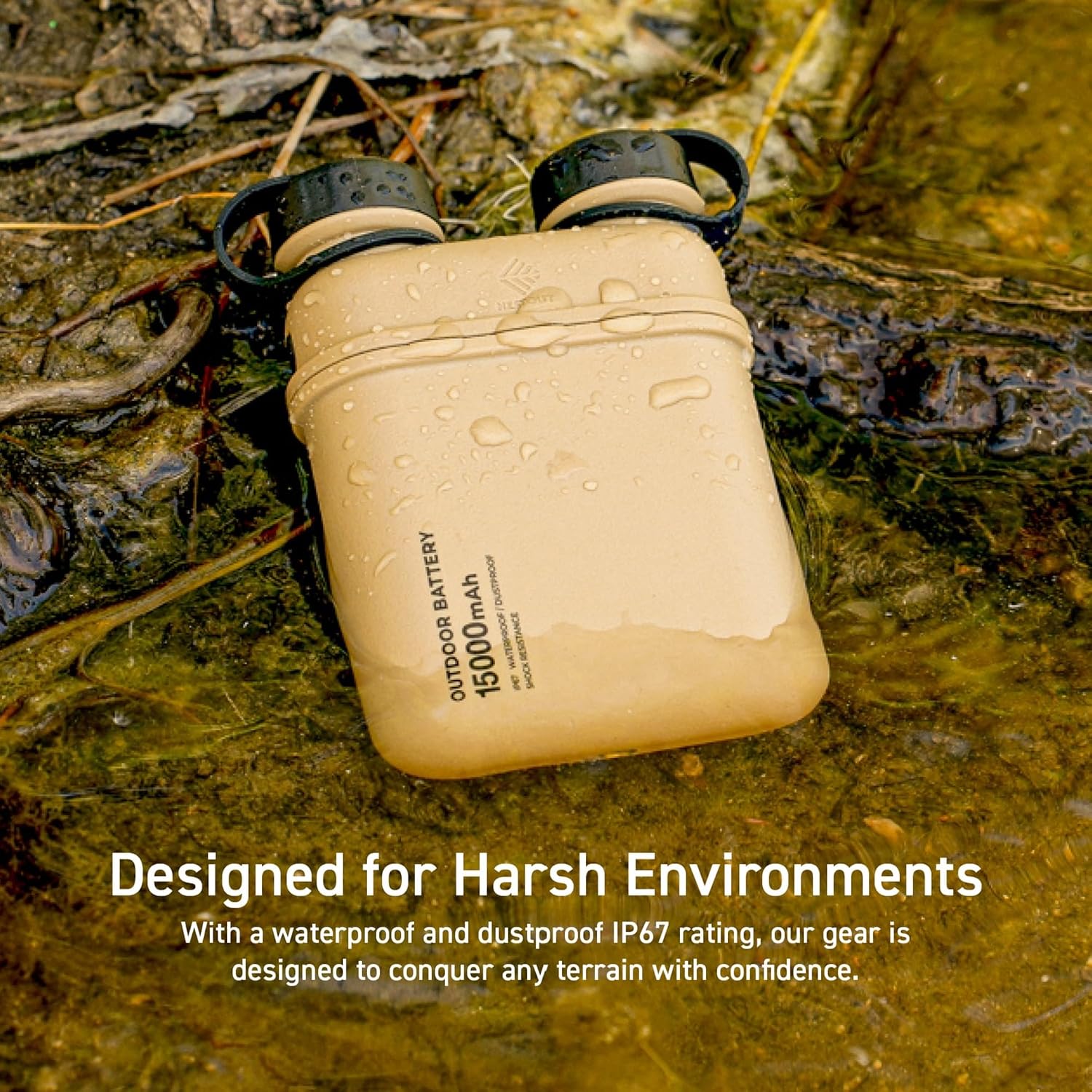 Rugged Power Bank, 15000mAh Outdoor Charger, 32W USB C Fast Charging PD, Waterproof IP67, Heavy Duty Shockproof, Tactical Battery Pack for iPhone Tablet Hiking Camping Survival (Beige)