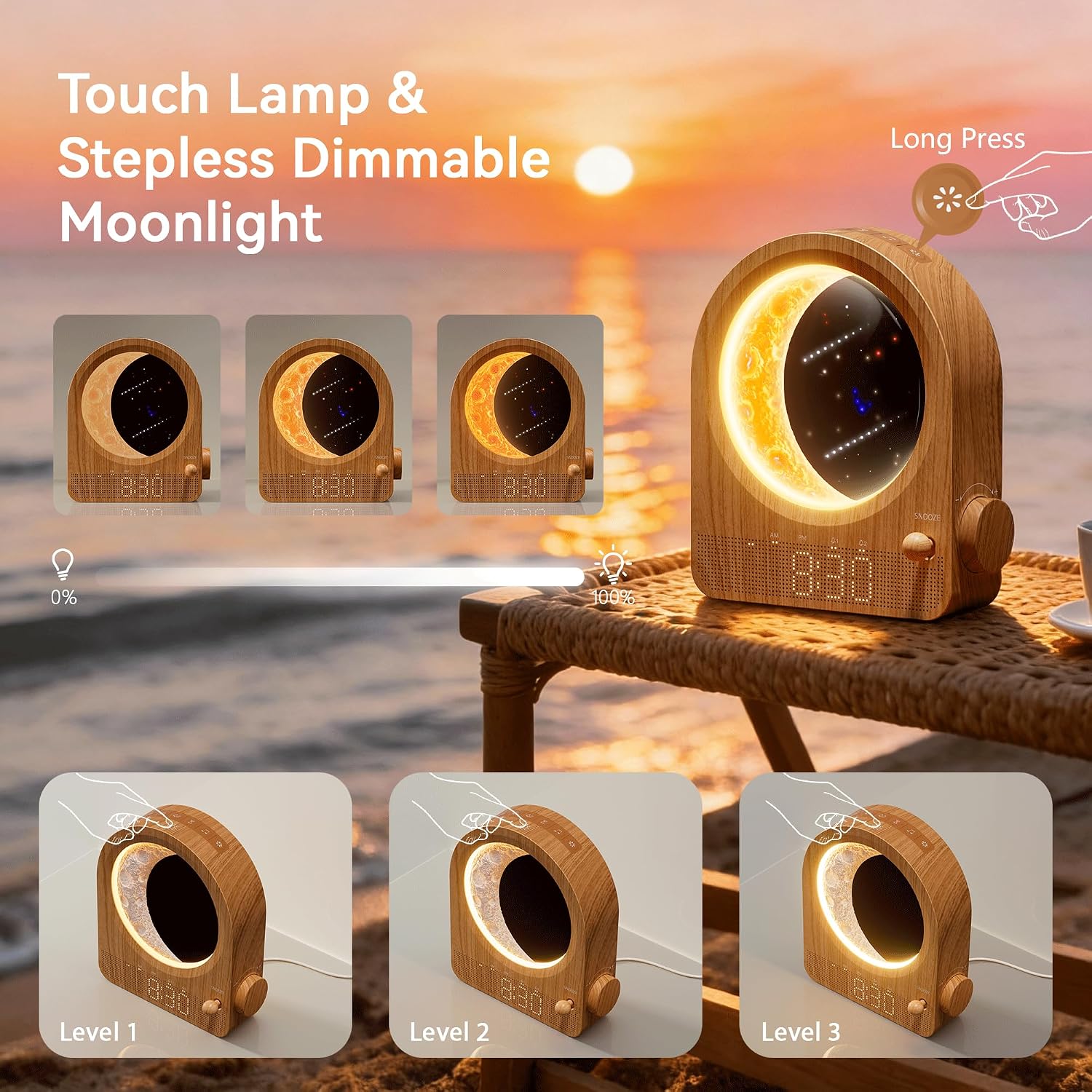 Sunrise Alarm Clocks for Bedrooms, Stepless Dimmable Moon Lamp Dual Alarm Clock with 12Levels Volume for Heavy Sleepers, 10 Natural Sounds with 30/60/90mins Timer, Gifts for Women