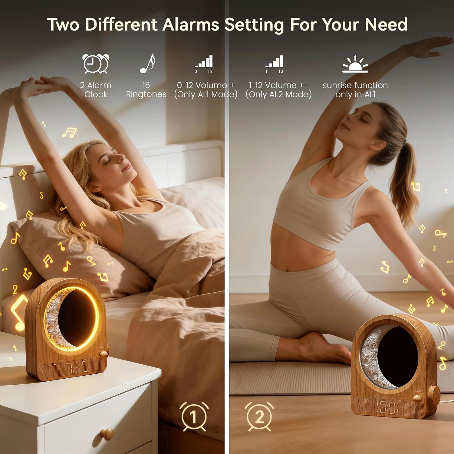 Sunrise Alarm Clocks for Bedrooms, Stepless Dimmable Moon Lamp Dual Alarm Clock with 12Levels Volume for Heavy Sleepers, 10 Natural Sounds with 30/60/90mins Timer, Gifts for Women