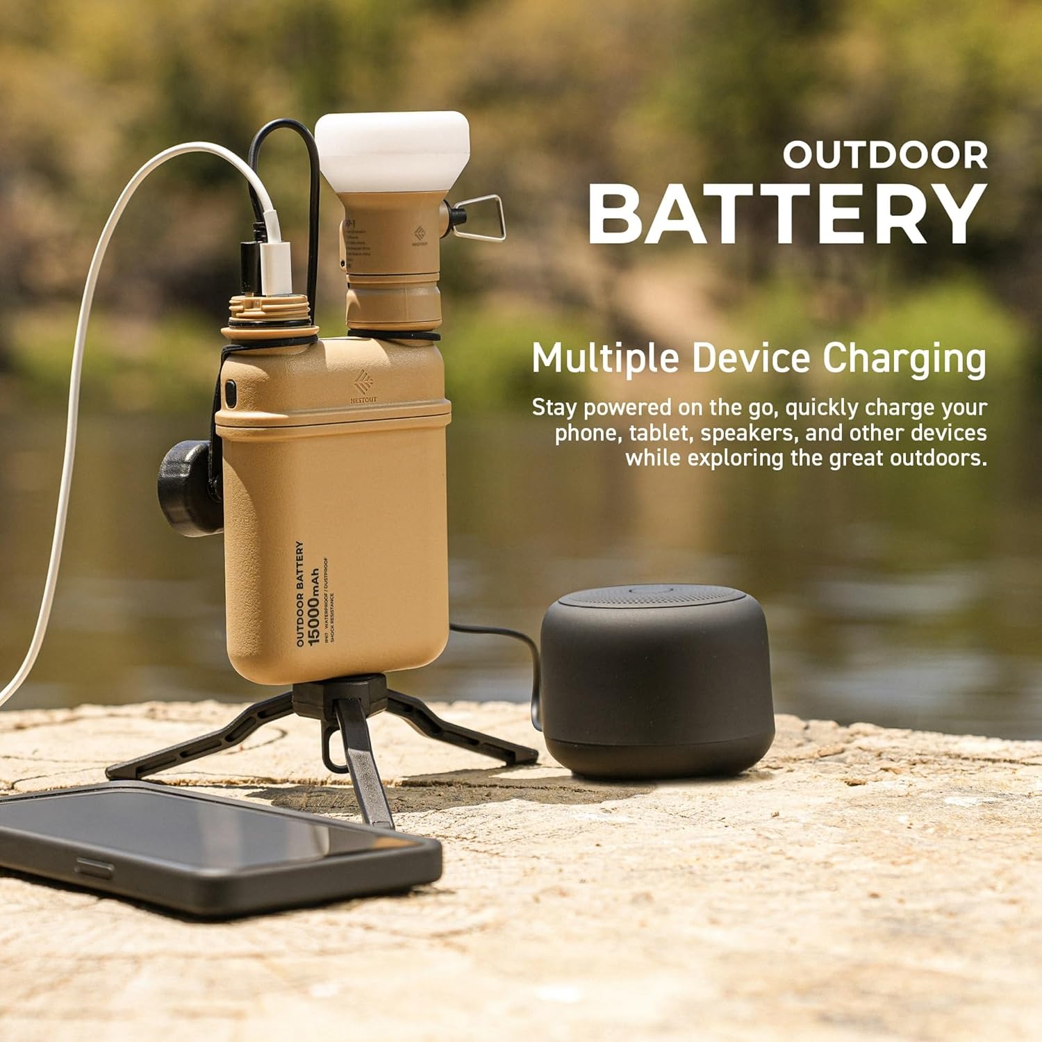 Rugged Power Bank, 15000mAh Outdoor Charger, 32W USB C Fast Charging PD, Waterproof IP67, Heavy Duty Shockproof, Tactical Battery Pack for iPhone Tablet Hiking Camping Survival (Beige)