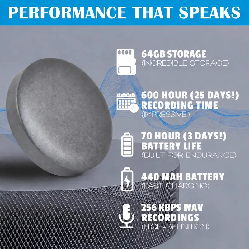 64GB Voice Activated Recorder + Digital Voice Recorder, Compact Audio Recorder, Audio Recording Device, Grabadora de Audio Digital, Gray