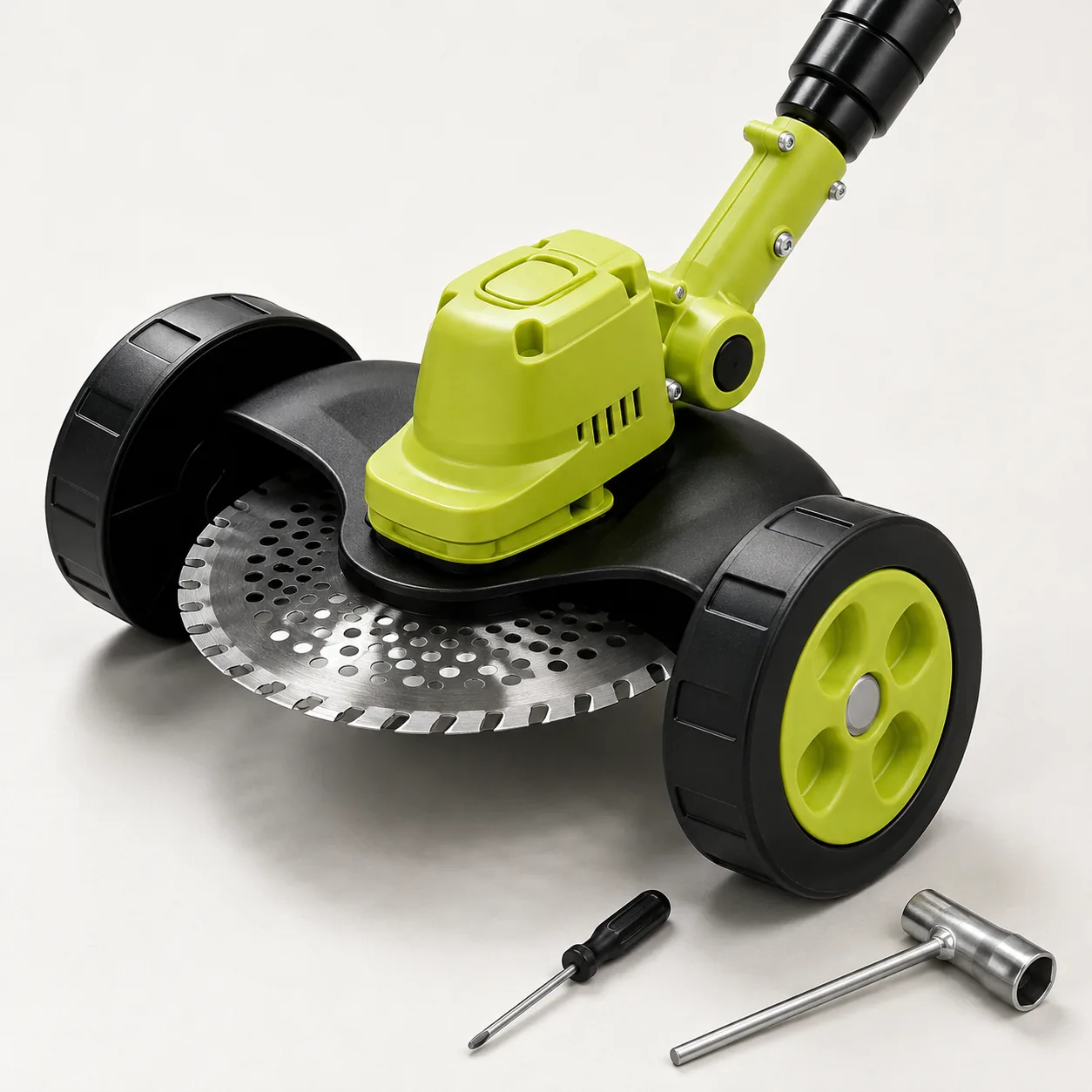 Assembled dual wheels, cutting head and curved guard shown from a clear inspection angle
