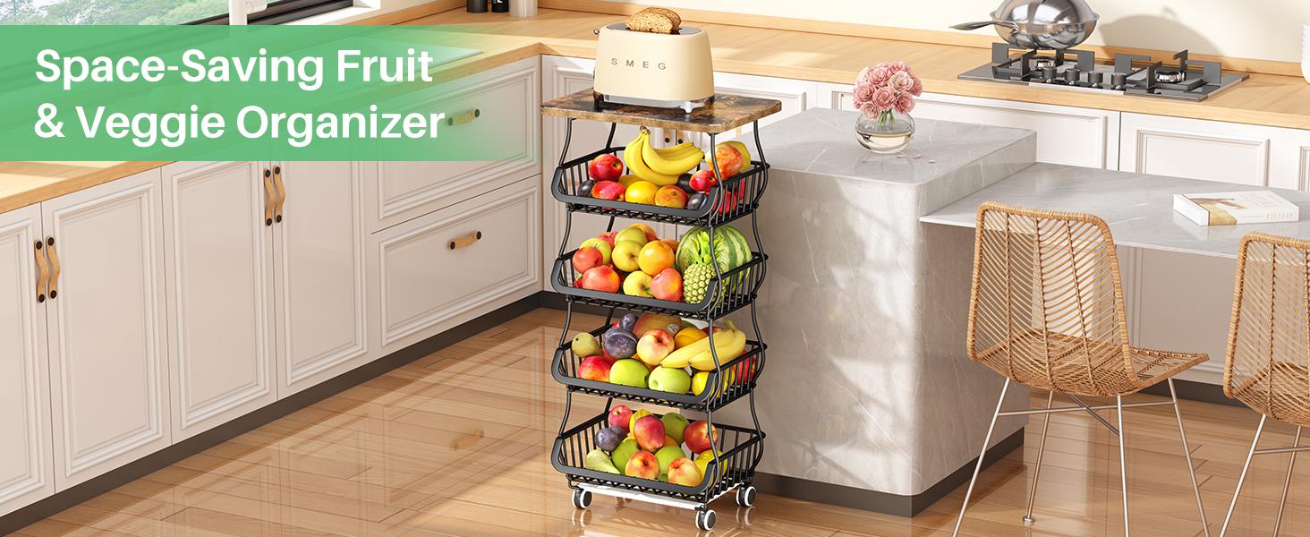 4/5/6 Tier Fruit Vegetable Basket for Kitchen with Wooden Tabletop, Storage Cart Vegetable Basket Bins for Onions and Potatoes, Wire Storage Basket Organizer Utility Cart with Wheels, Black Organizing Home Interior Layer Rack